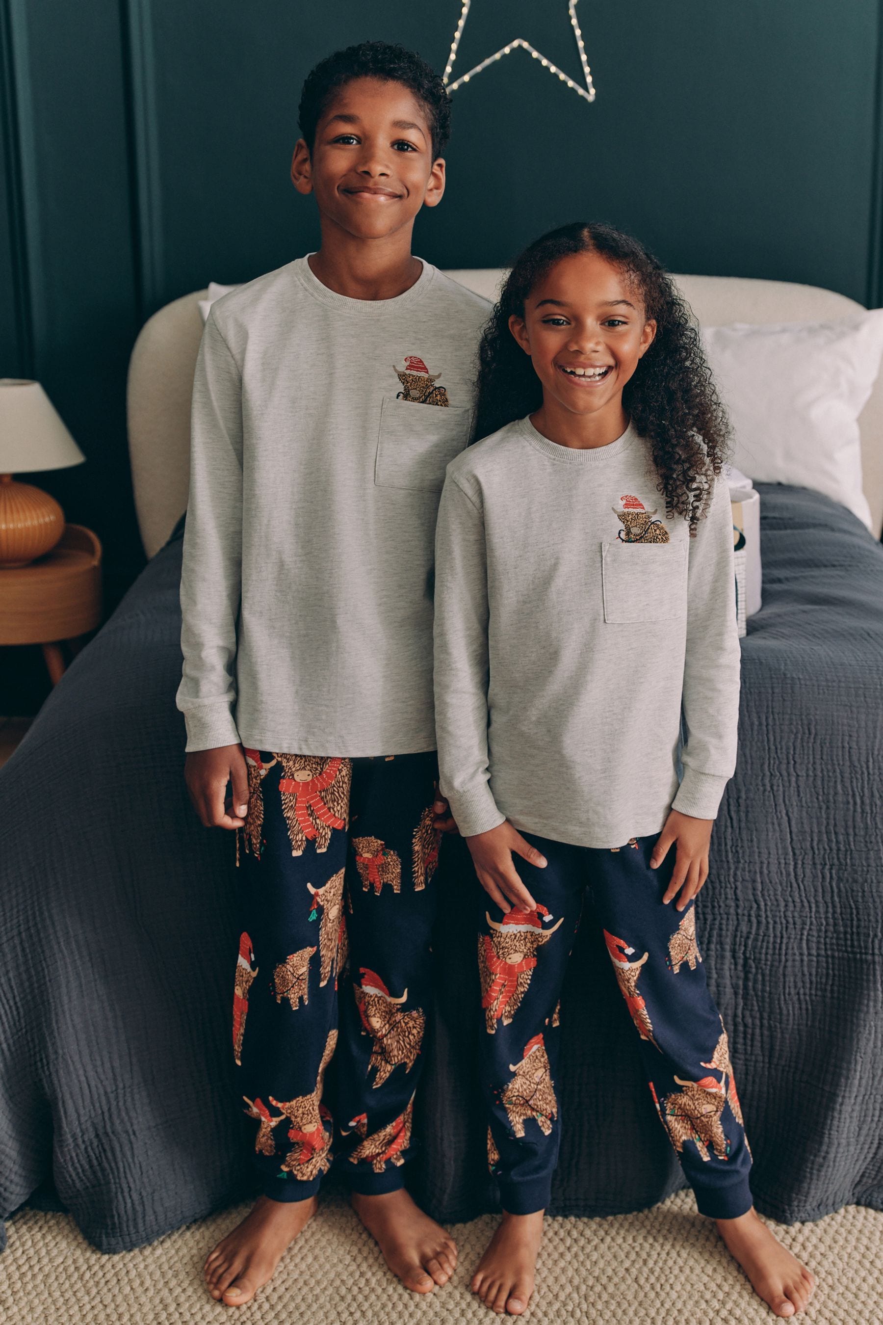 Grey/Navy Blue Matching Family Kids Christmas Hamish The Highland Cow Pyjamas (3-16yrs)