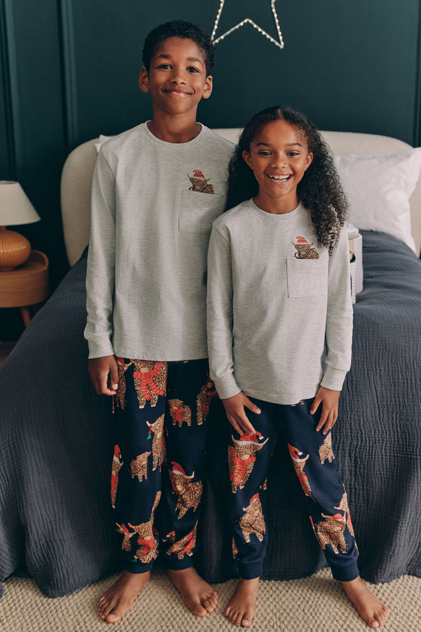 Grey/Navy Blue 100% Cotton Matching Family Kids Christmas Hamish The Highland Cow Pyjamas (3-16yrs)