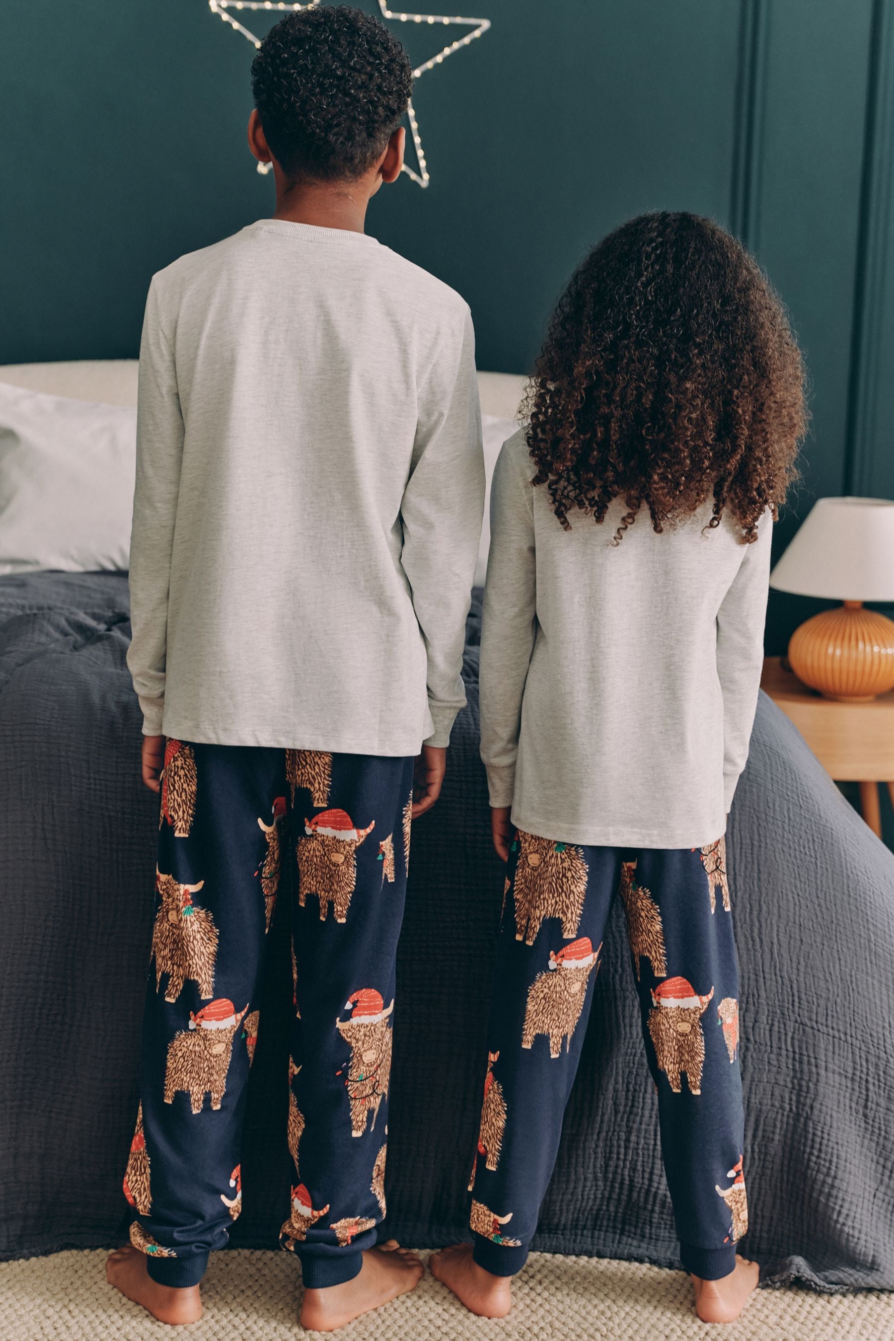 Grey/Navy Blue Matching Family Kids Christmas Hamish The Highland Cow Pyjamas (3-16yrs)