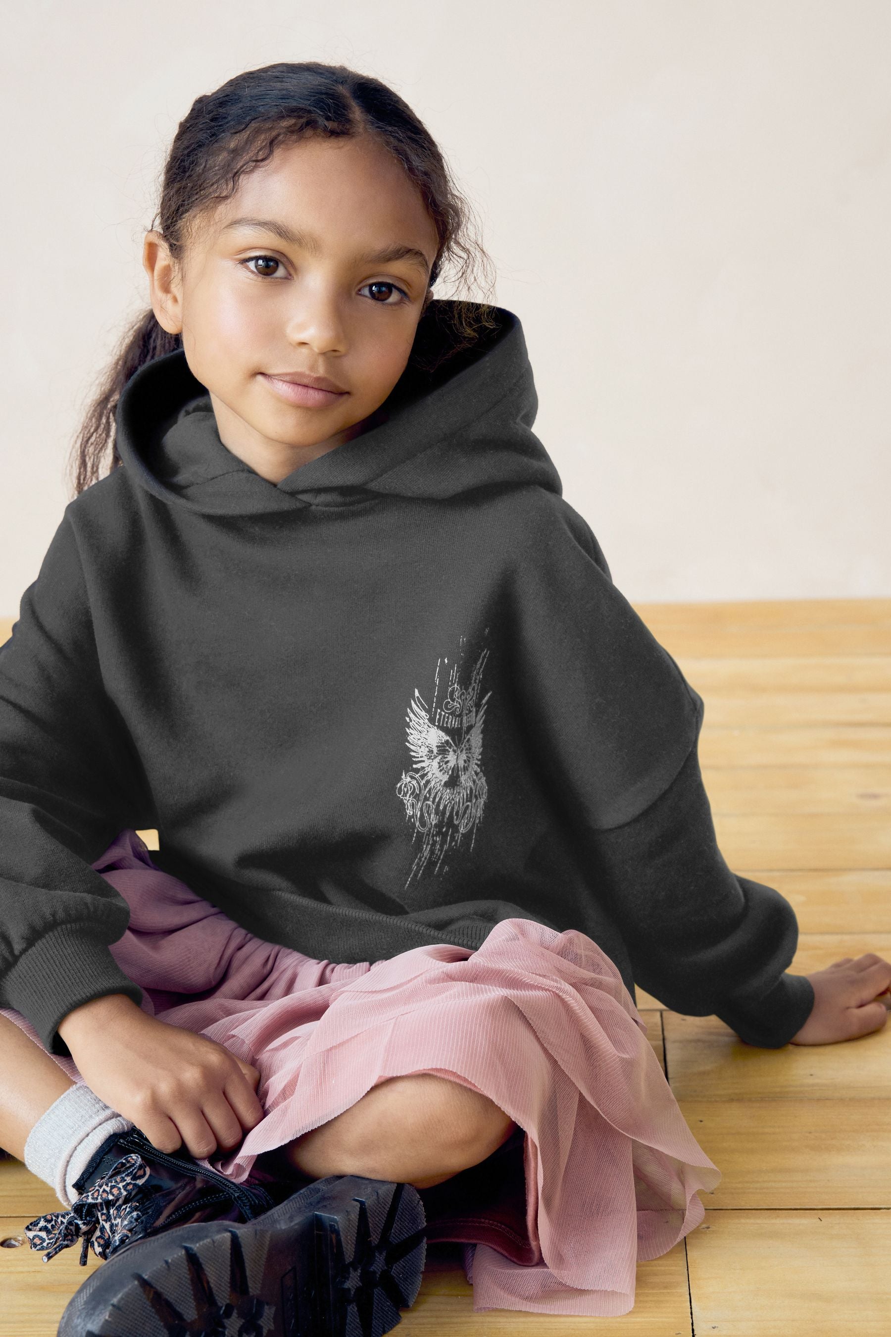 Charcoal Grey/Pink 2-in-1 Long Sleeve Hooded Sweat Dress with Mesh Skirt (3-16yrs)