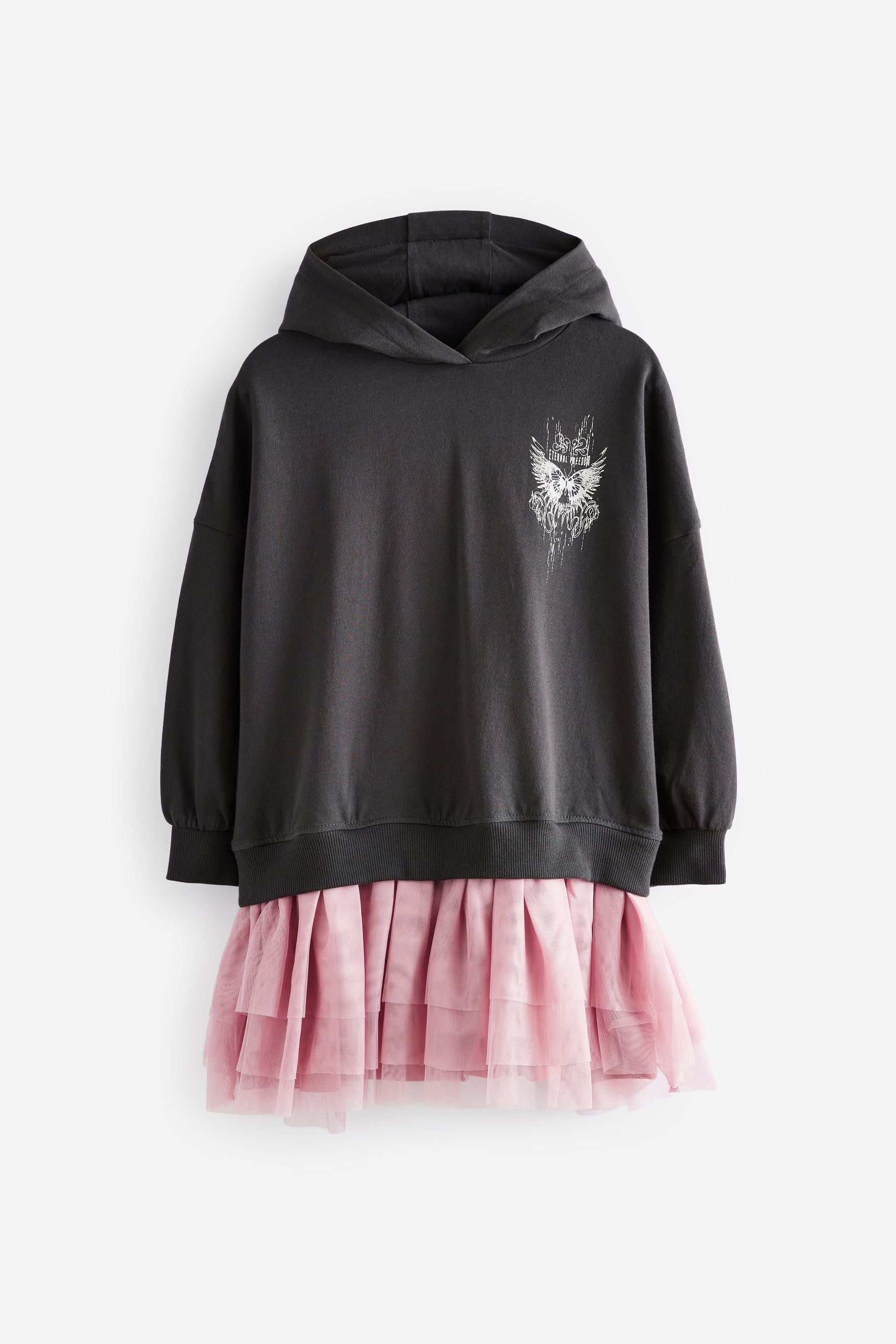 Charcoal Grey/Pink 2-in-1 Long Sleeve Hooded Sweat Dress with Mesh Skirt (3-16yrs)