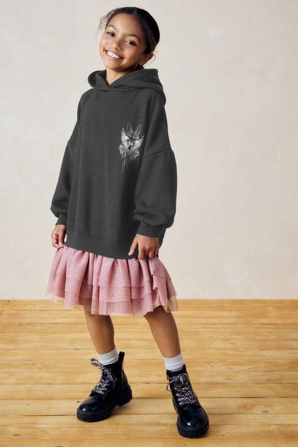 Charcoal Grey/Pink 2-in-1 Long Sleeve Hooded Sweat Dress with Mesh Skirt (3-16yrs)