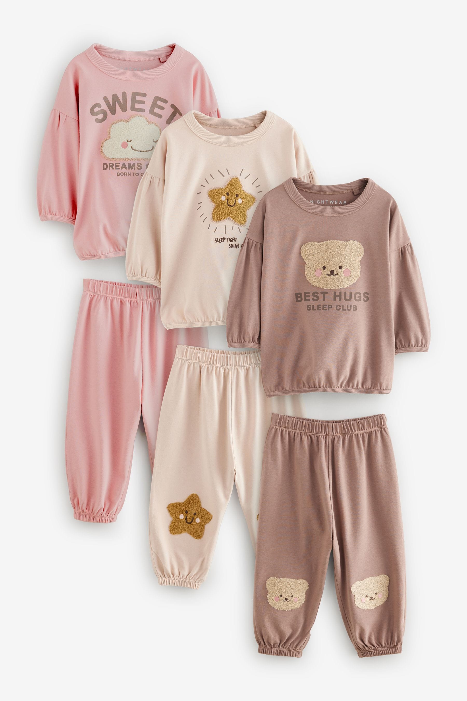 Neutral/ Pink Character Jogger 100% Cotton Pyjamas 3 Pack (9mths-11yrs)