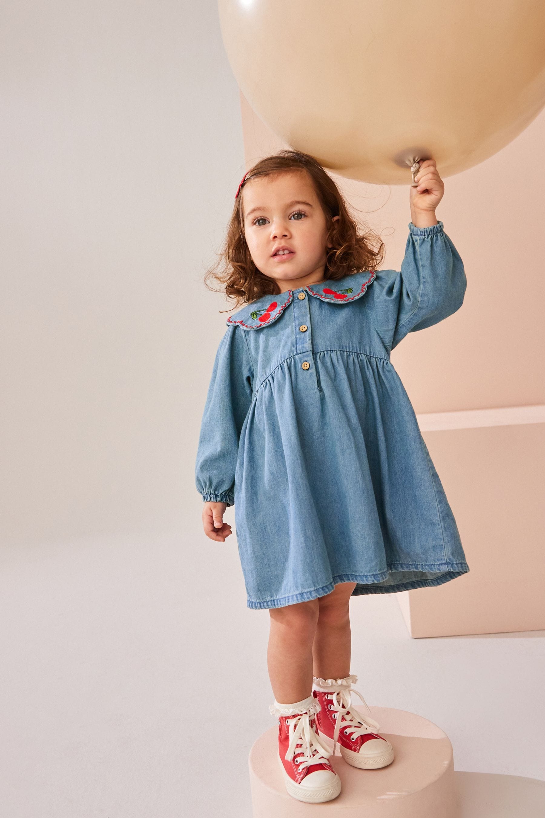 Blue Denim Cherry Embroidered Collar 100% Cotton Dress (3mths-8yrs)