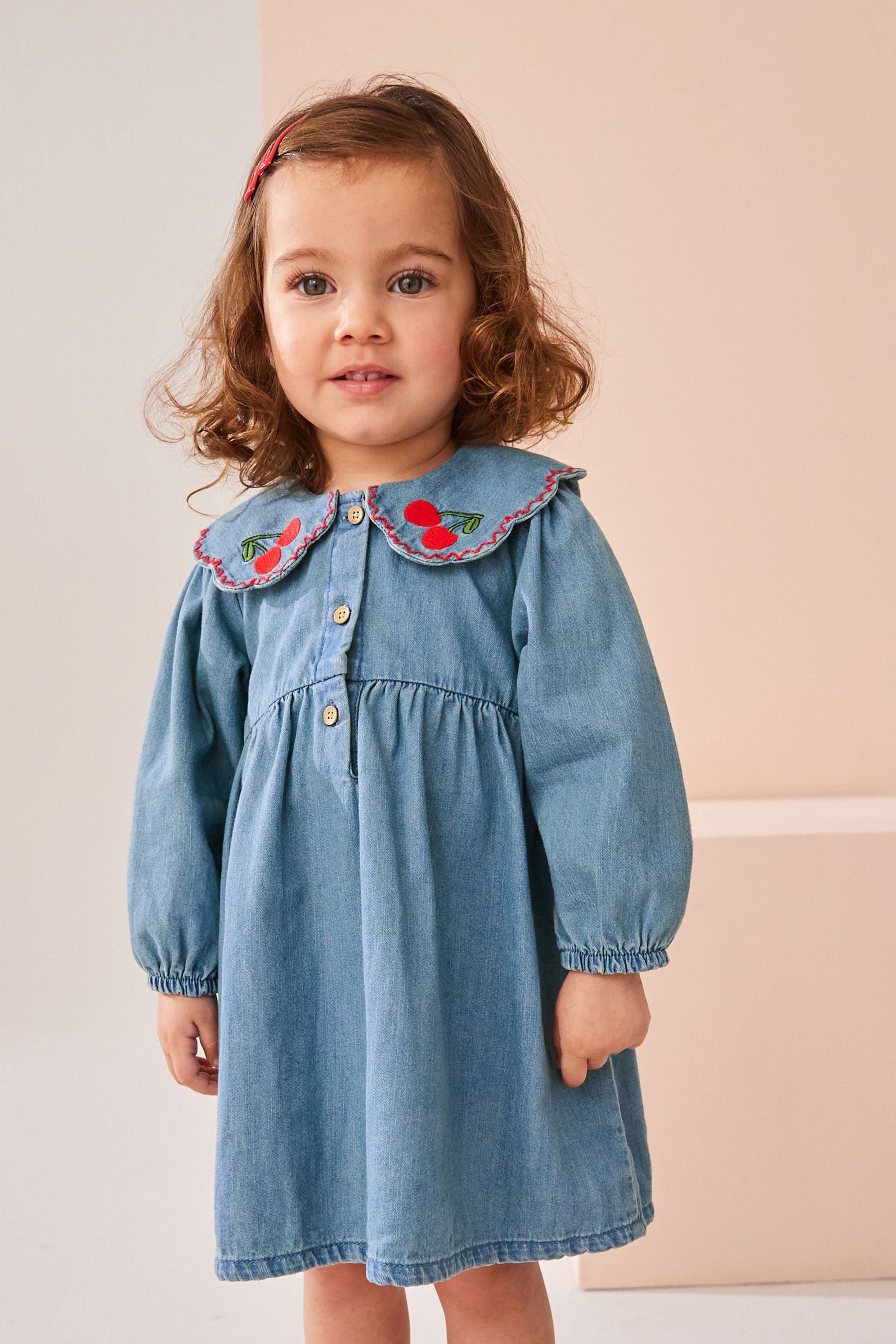 Blue Denim Cherry Embroidered Collar 100% Cotton Dress (3mths-8yrs)