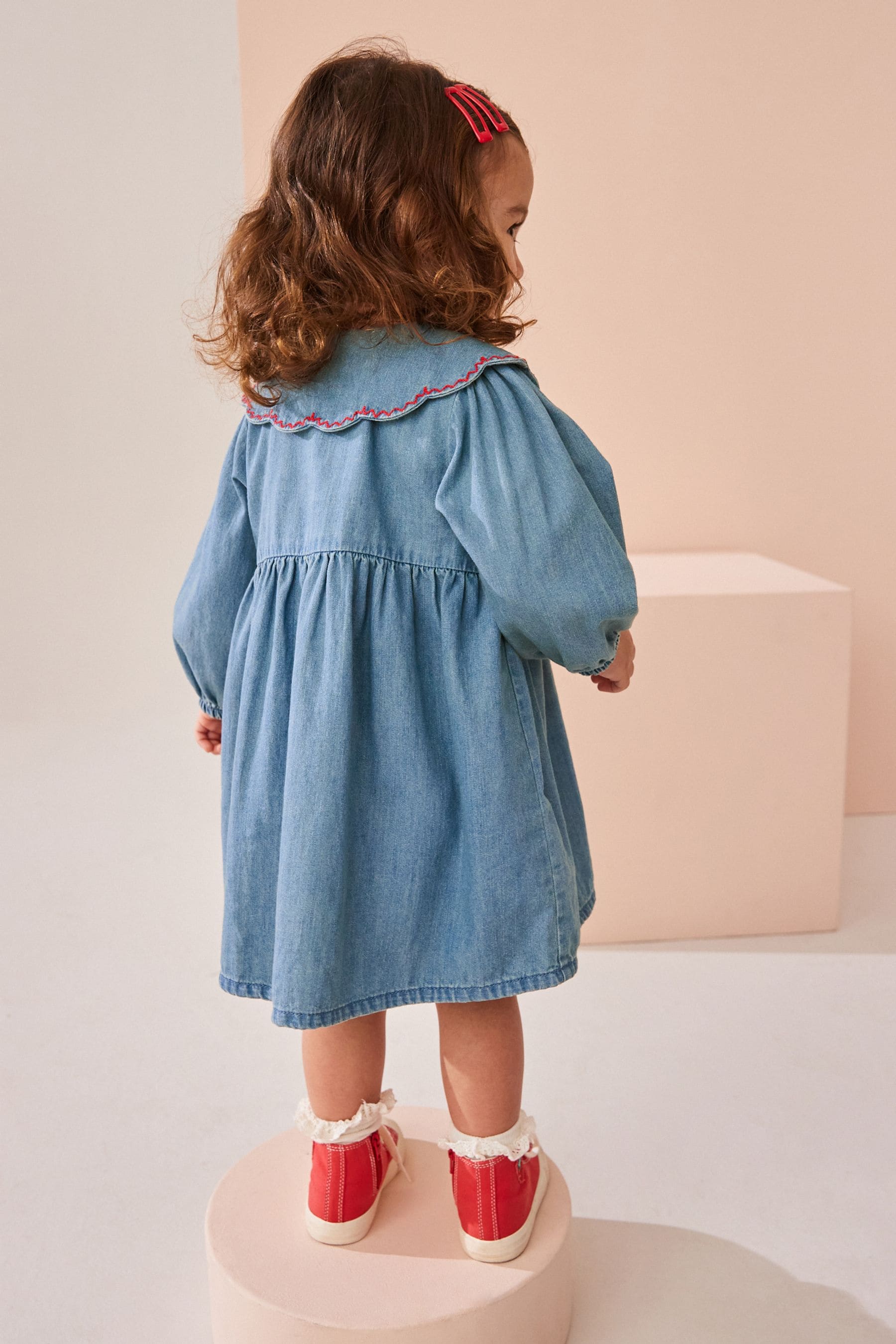 Blue Denim Cherry Embroidered Collar 100% Cotton Dress (3mths-8yrs)