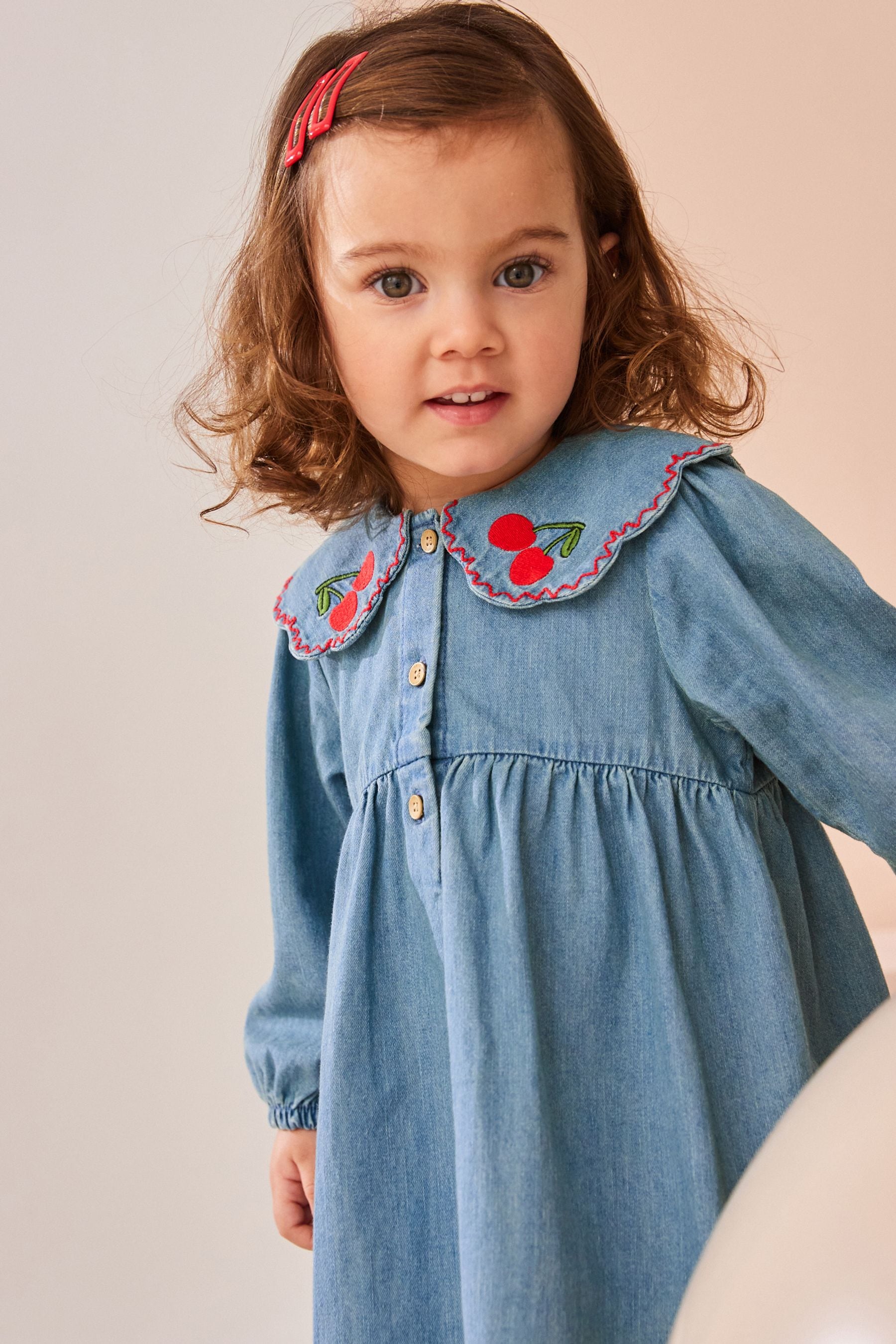 Blue Denim Cherry Embroidered Collar 100% Cotton Dress (3mths-8yrs)