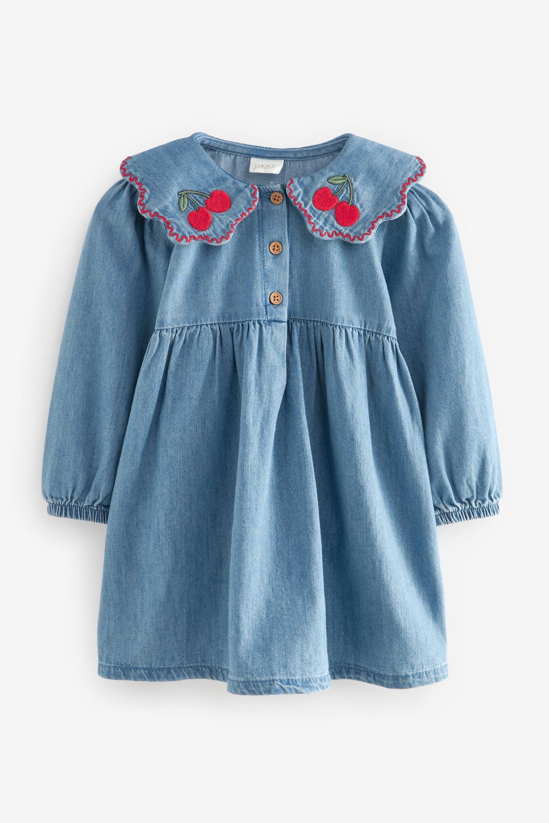 Blue Denim Cherry Embroidered Collar 100% Cotton Dress (3mths-8yrs)