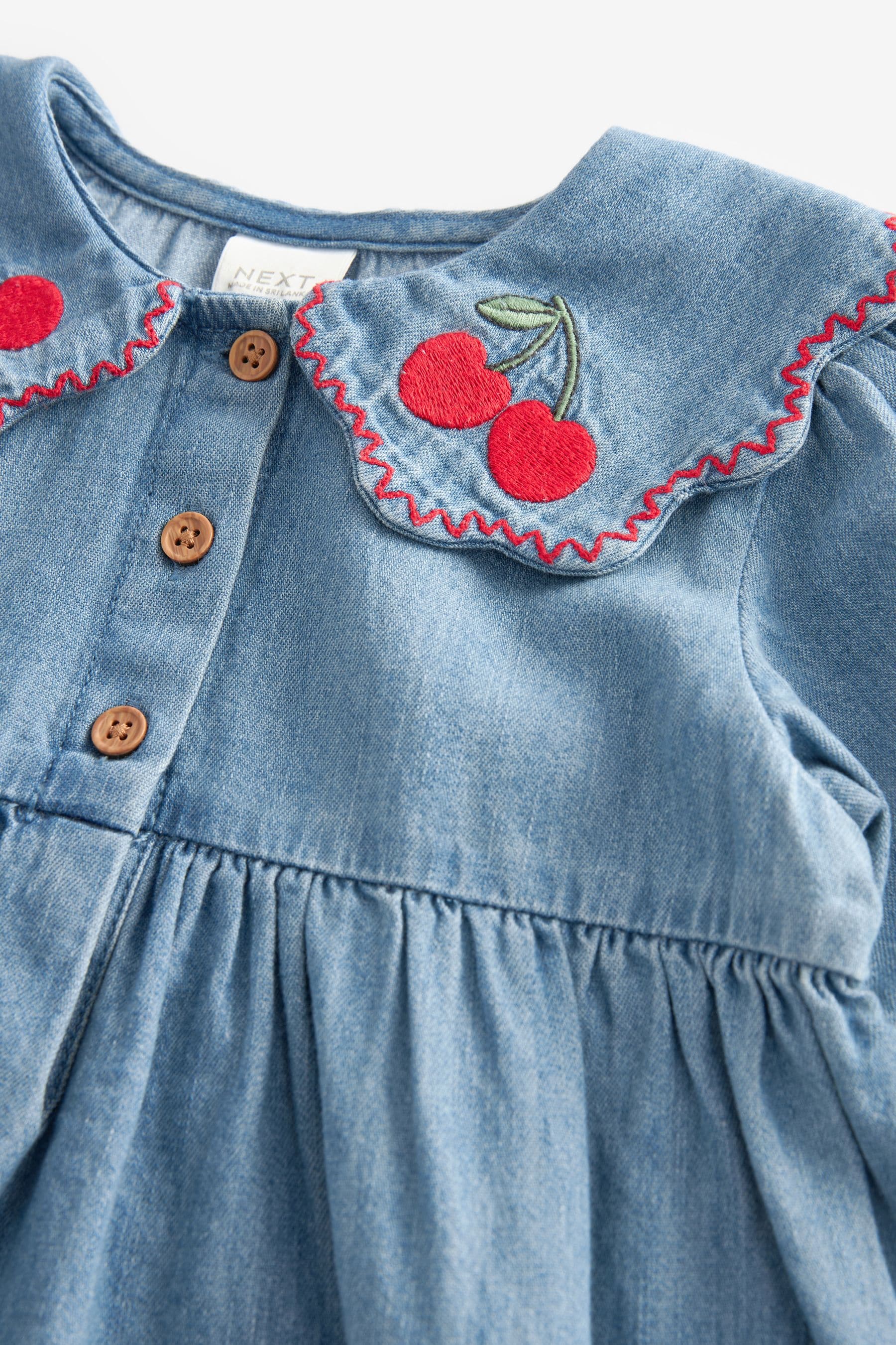 Blue Denim Cherry Embroidered Collar 100% Cotton Dress (3mths-8yrs)