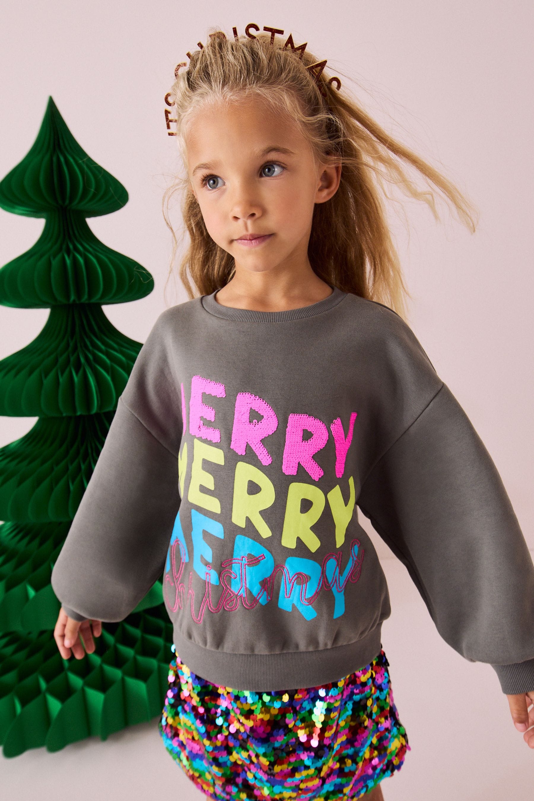 Charcoal Grey Merry Christmas Sequin Sweatshirt (3-16yrs)