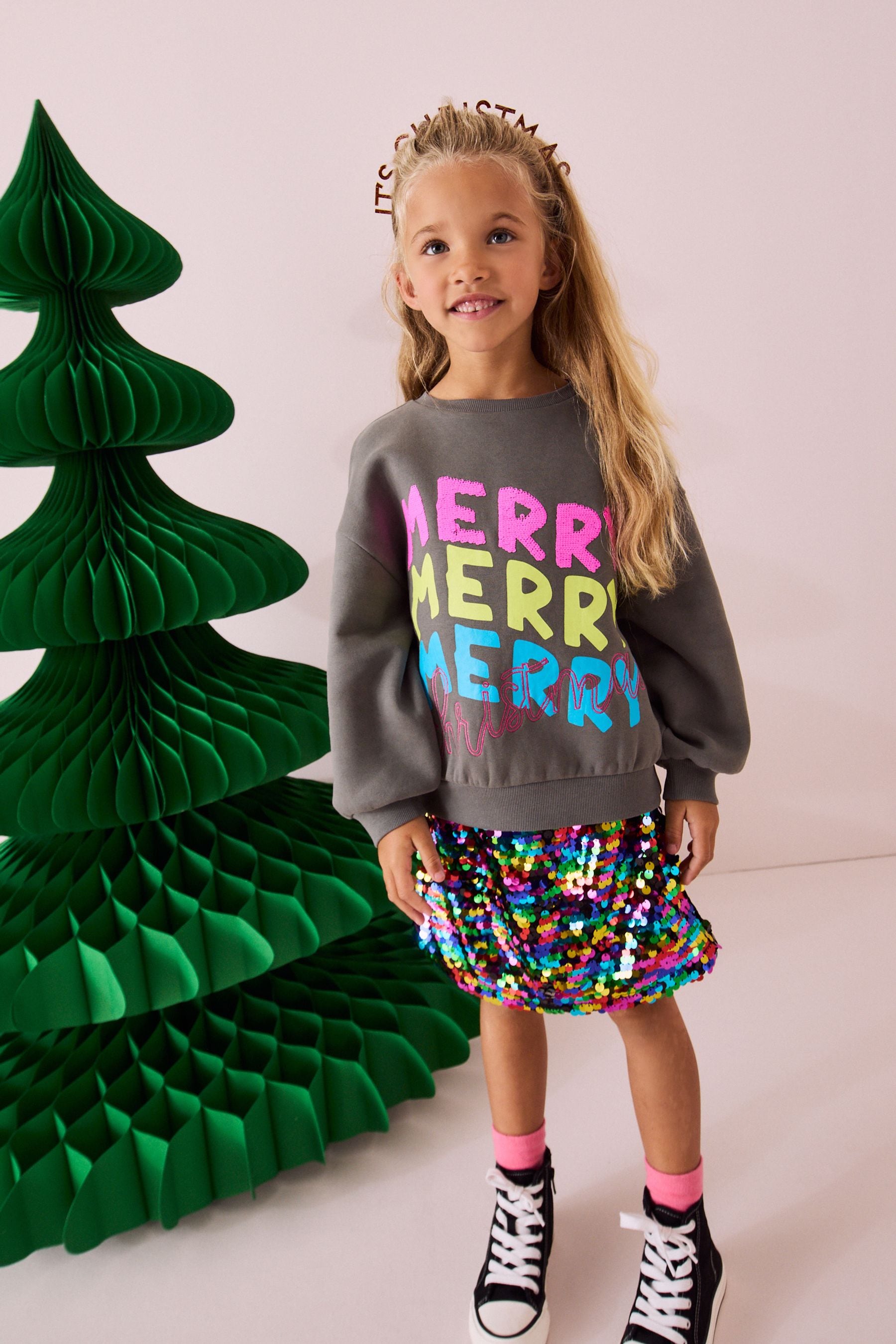 Charcoal Grey Merry Christmas Sequin Sweatshirt (3-16yrs)