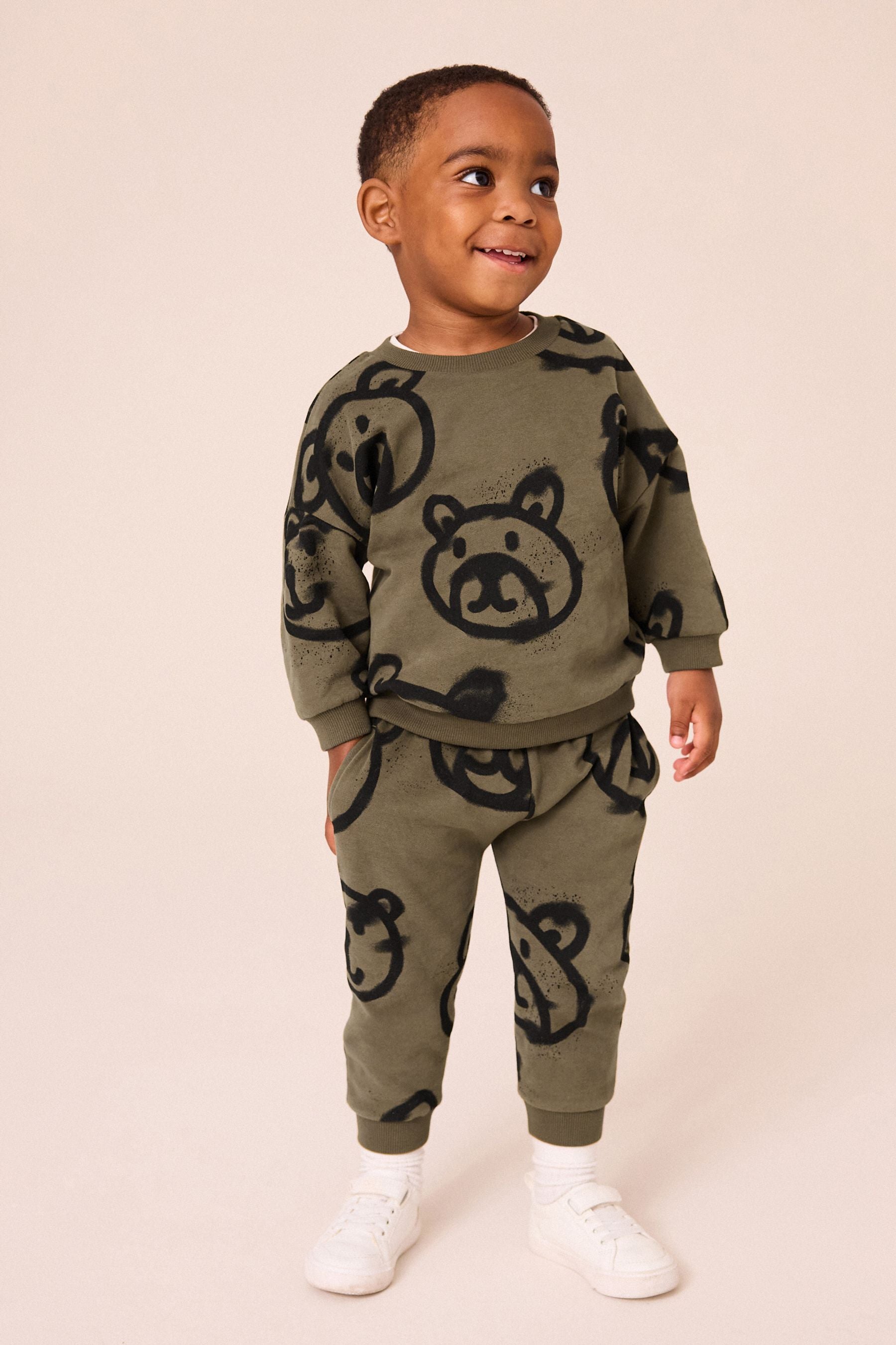 Khaki Green Spray Bears 100% Cotton All Over Print Character Sweatshirt and Joggers Set (3mths-7yrs)