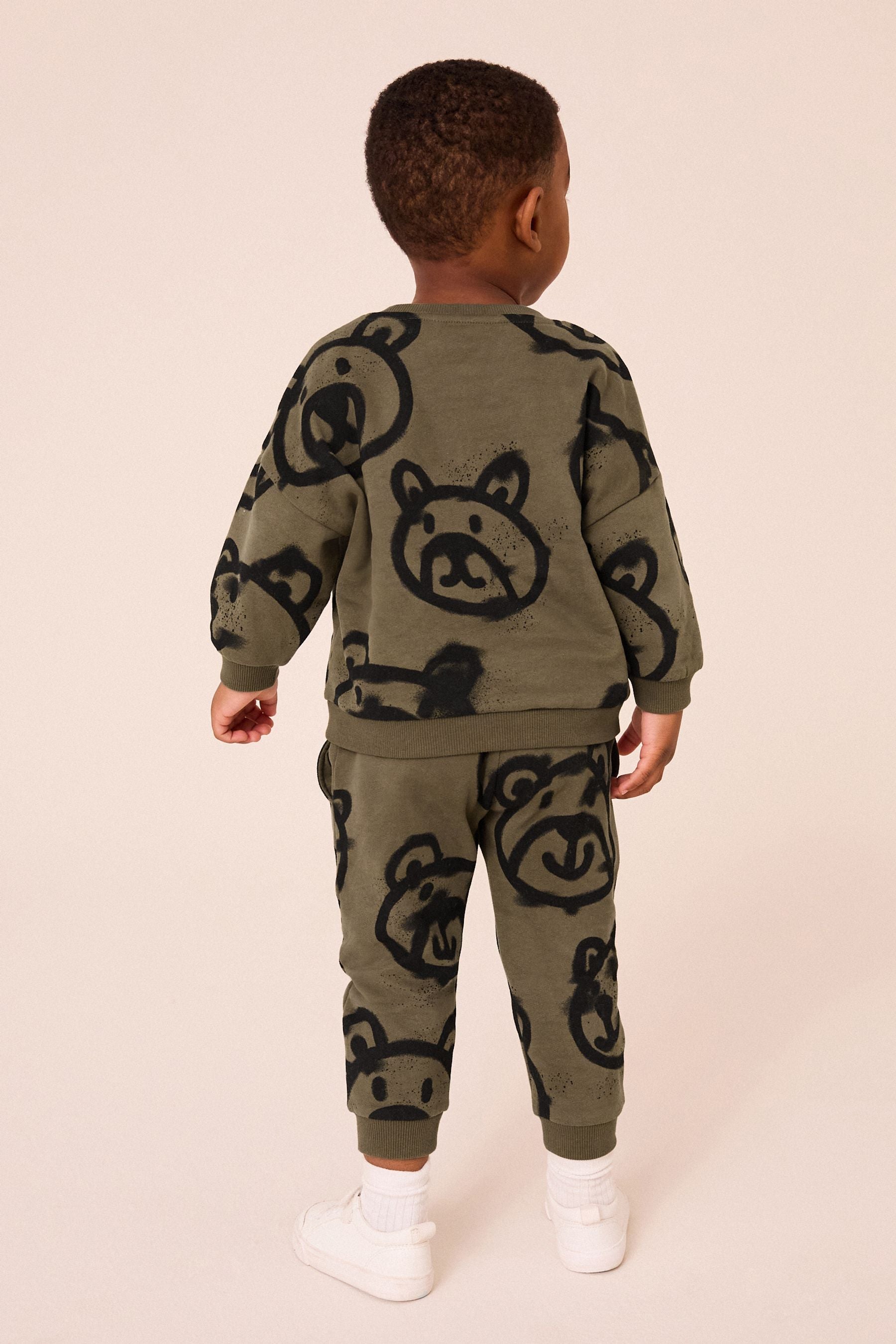 Khaki Green Spray Bears 100% Cotton All Over Print Character Sweatshirt and Joggers Set (3mths-7yrs)