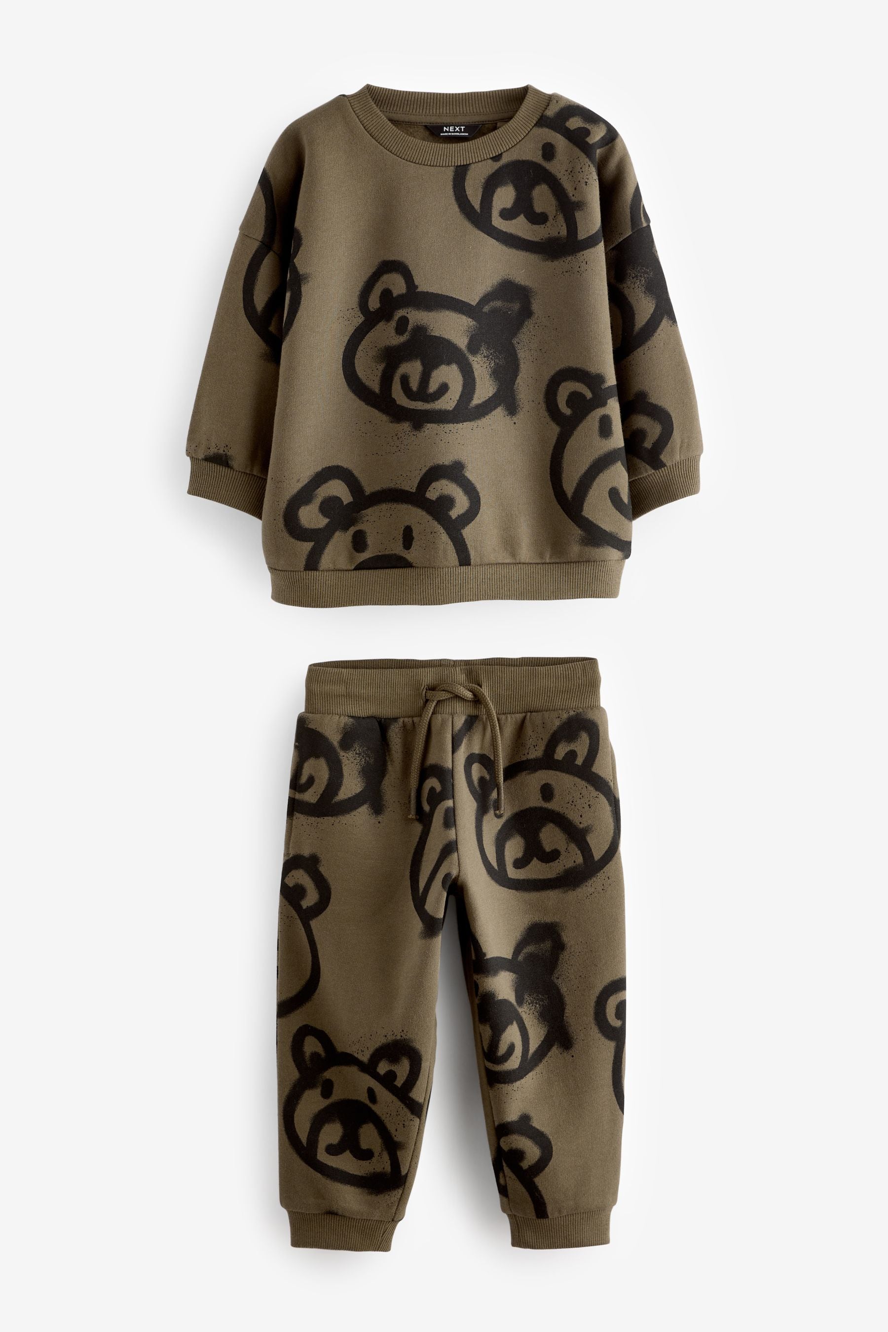 Khaki Green Spray Bears 100% Cotton All Over Print Character Sweatshirt and Joggers Set (3mths-7yrs)