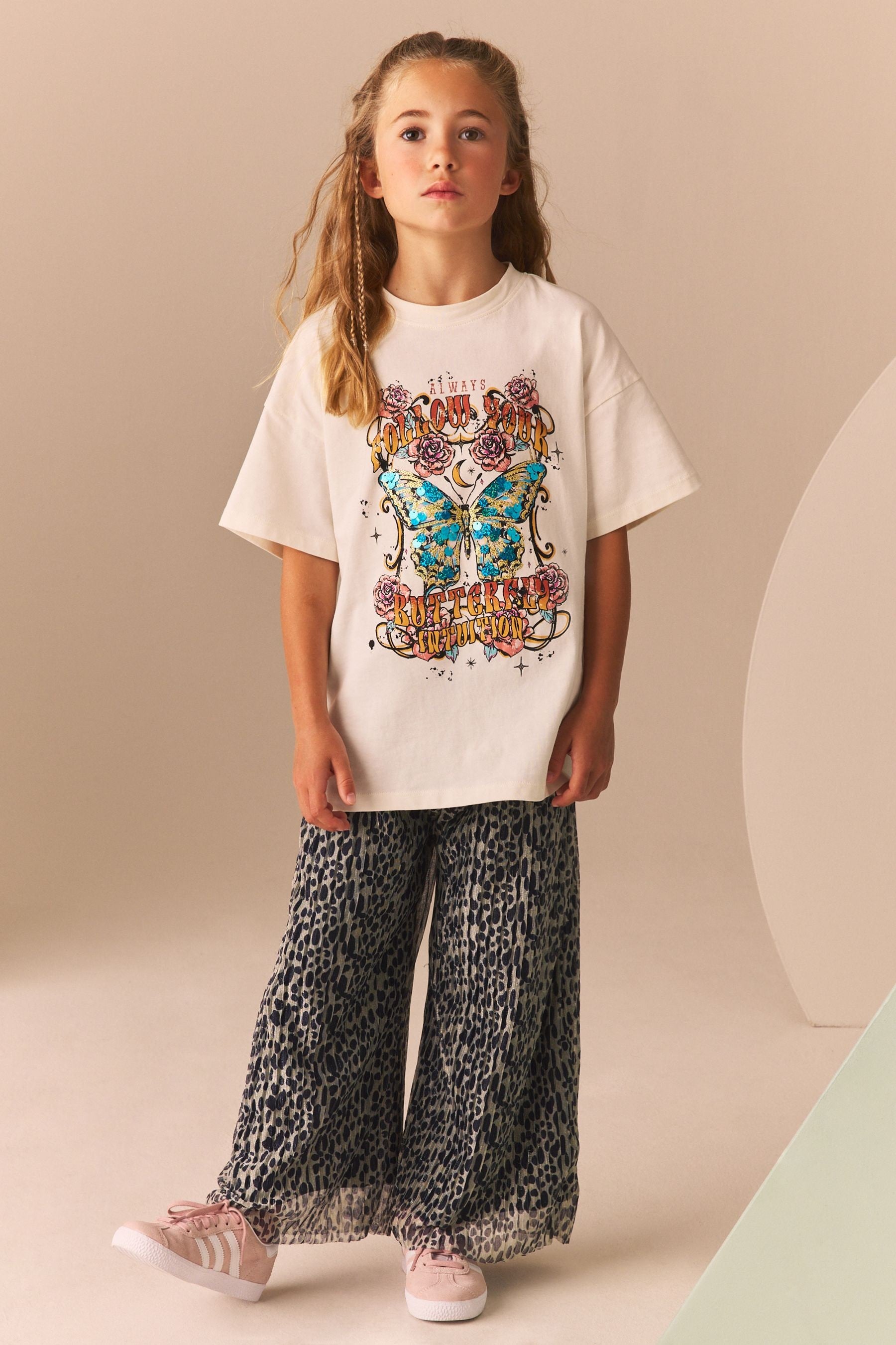 Animal Butterfly Embellished T-Shirt And Wide Leg Trousers Set (3-16yrs)