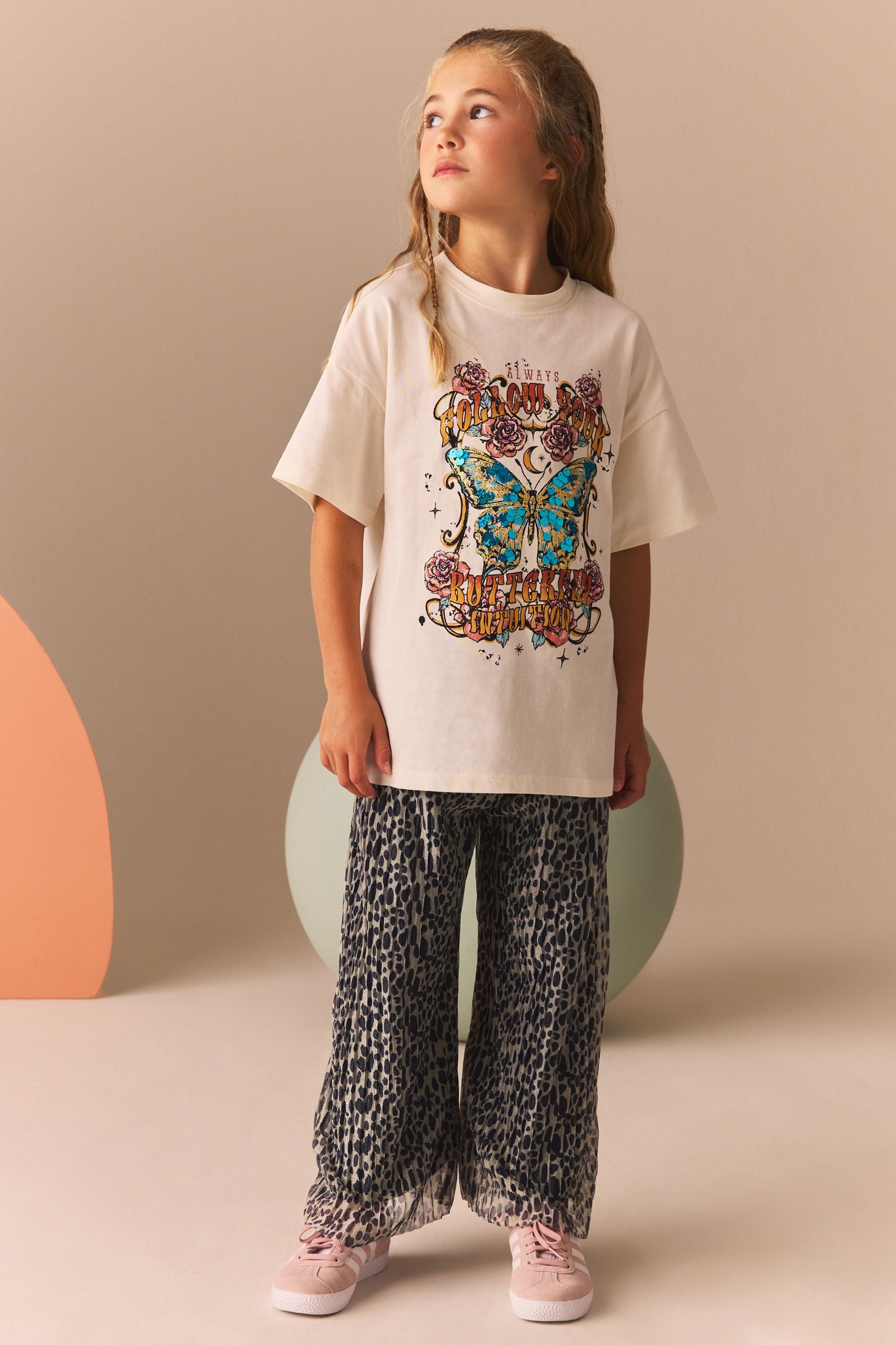 Animal Butterfly Embellished T-Shirt And Wide Leg Trousers Set (3-16yrs)