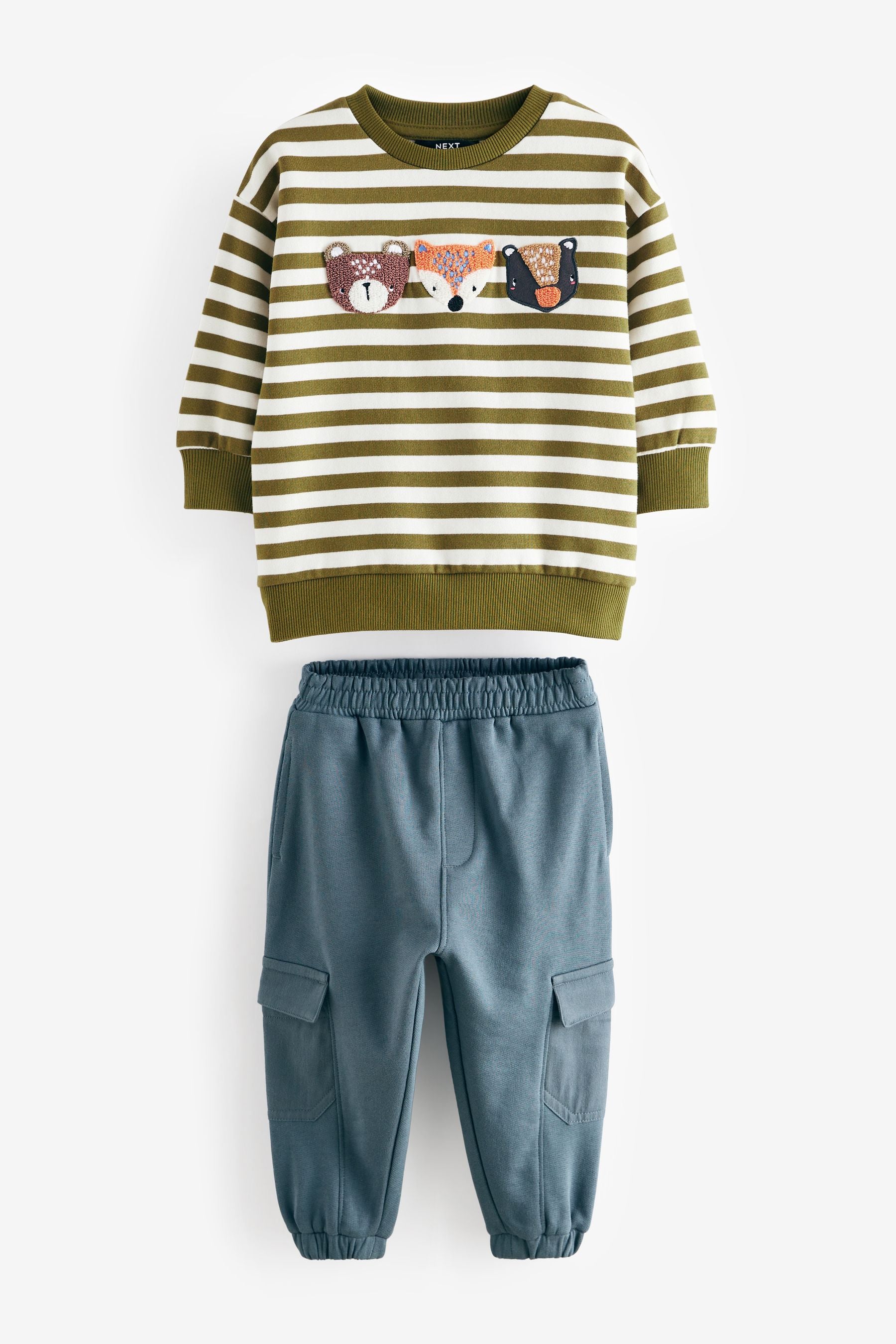 Green/Ecru Stripe 100% Cotton Sweatshirt and Utility Joggers 2 Piece Set (3mths-7yrs)