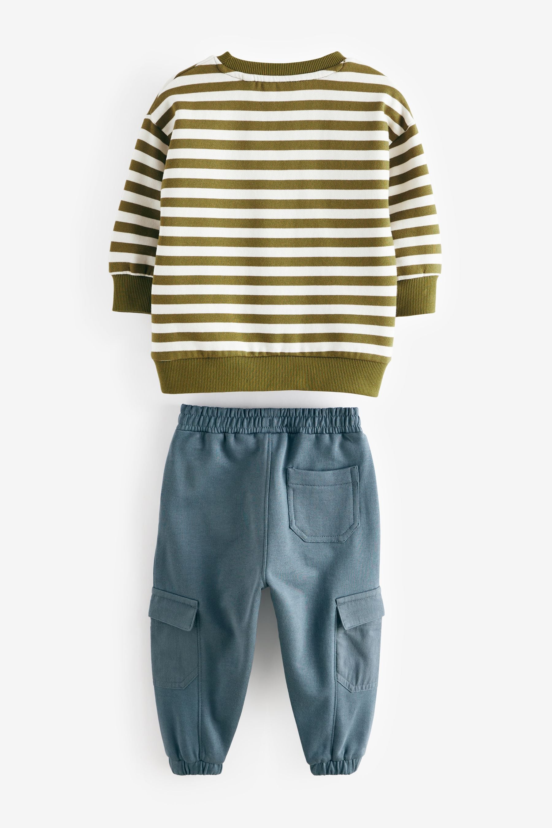 Green/Ecru Stripe 100% Cotton Sweatshirt and Utility Joggers 2 Piece Set (3mths-7yrs)