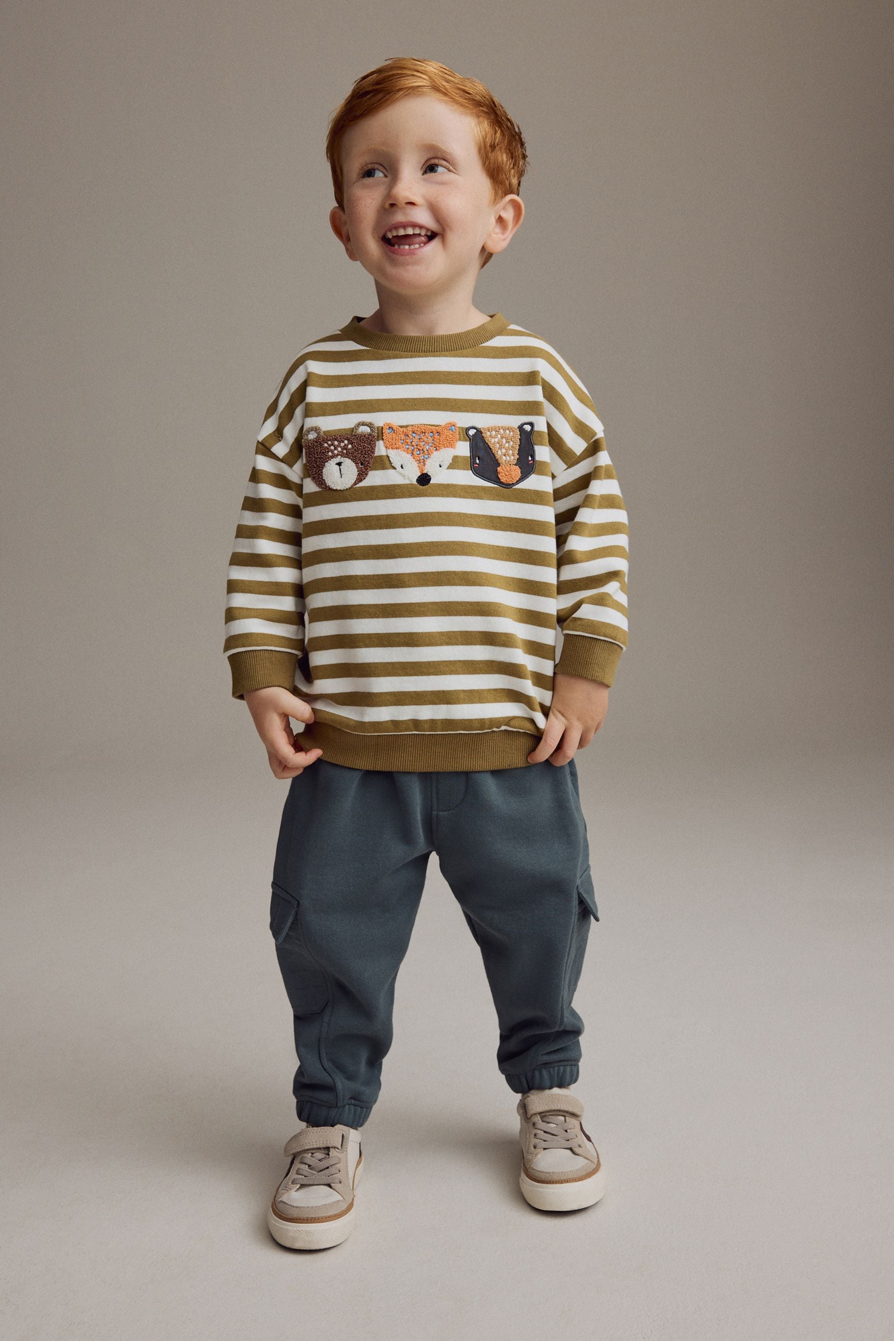 Green/Ecru Stripe 100% Cotton Sweatshirt and Utility Joggers 2 Piece Set (3mths-7yrs)