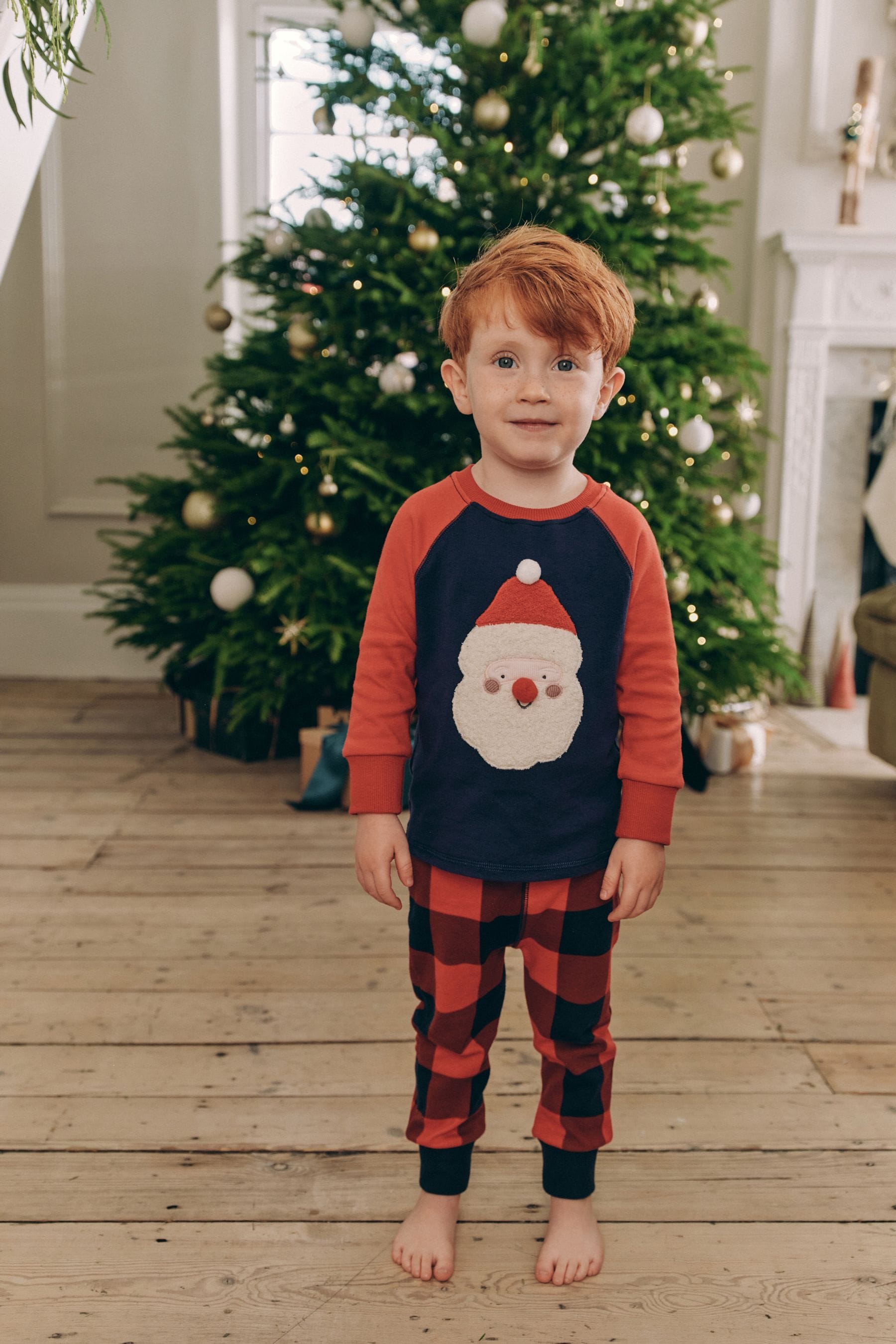 Navy Blue/Red Santa Check Woven Bottoms 100% Cotton Single Christmas Pyjamas (9mths-12yrs)