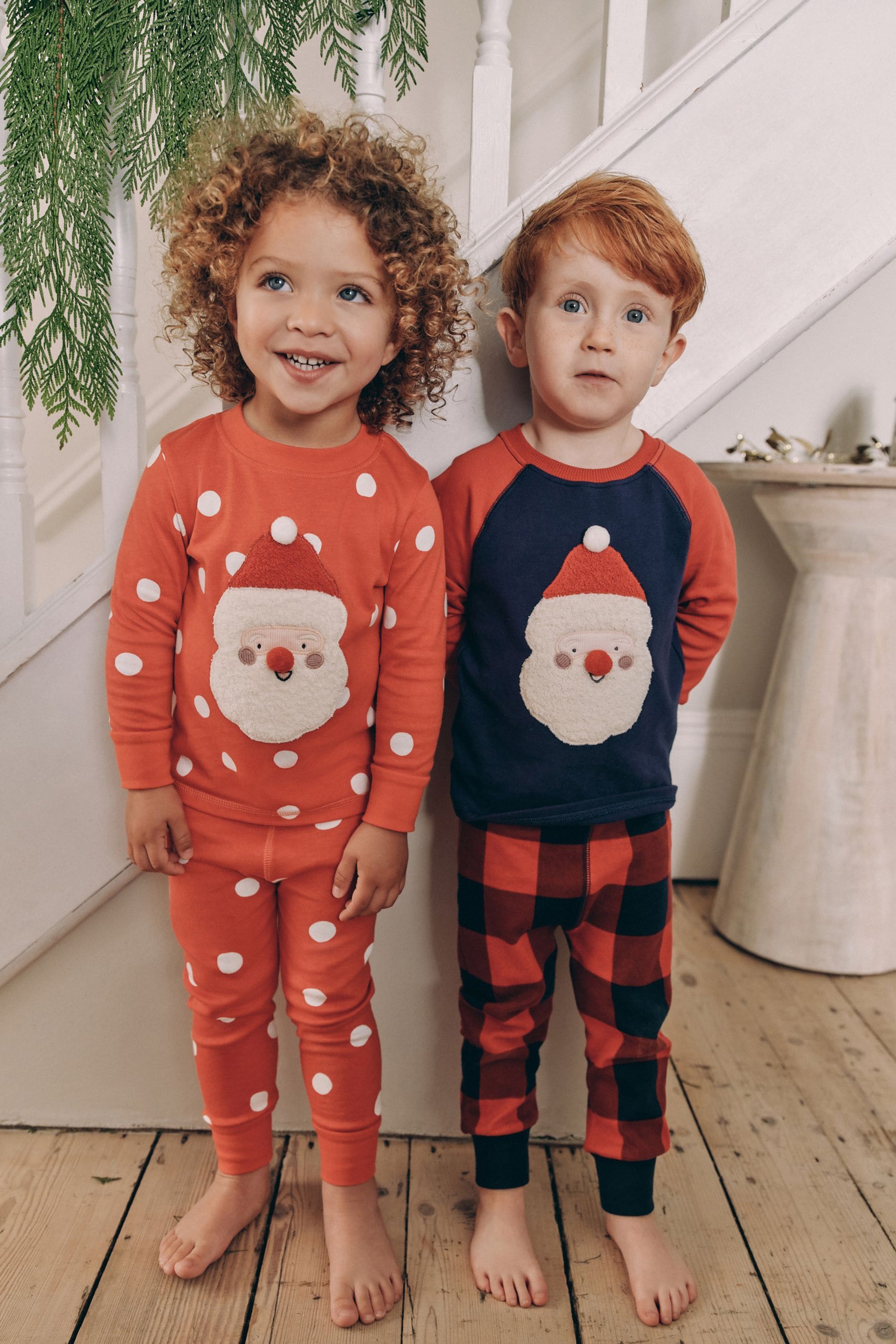 Navy Blue/Red Santa Check Woven Bottoms 100% Cotton Single Christmas Pyjamas (9mths-12yrs)