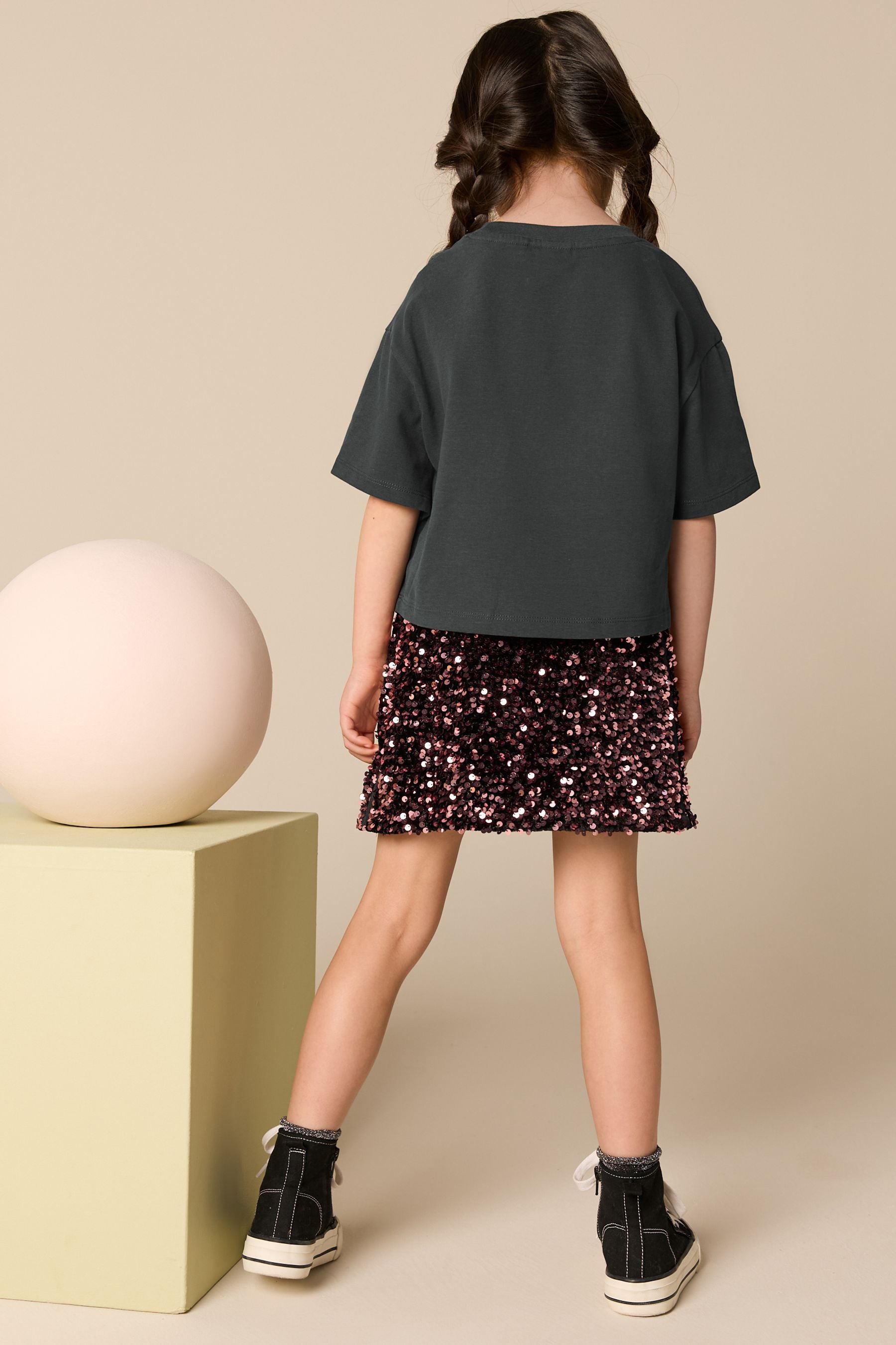 Charcoal Grey Embellished T-Shirt And Sequin Skirt Set (3-16yrs)