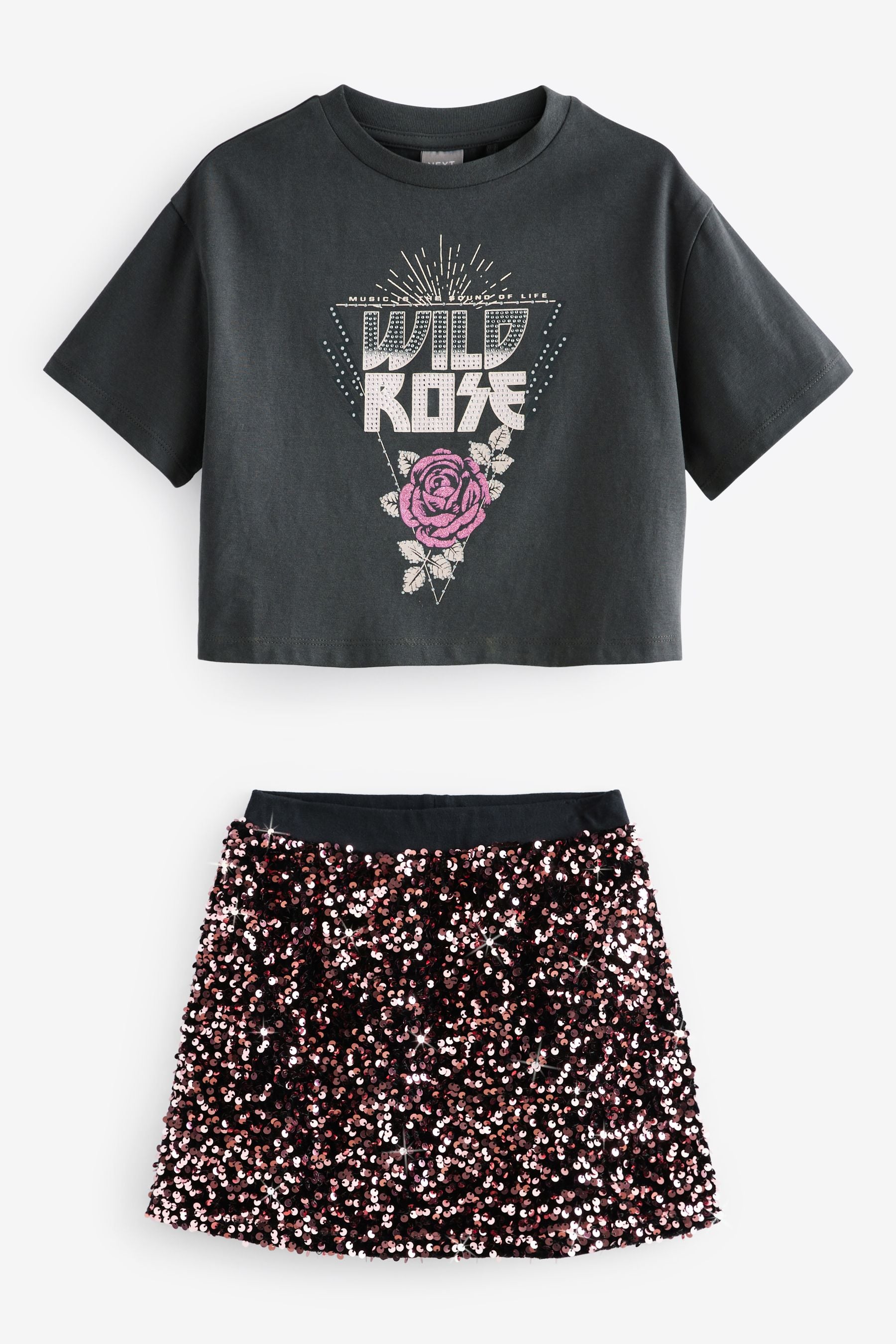 Charcoal Grey Embellished T-Shirt And Sequin Skirt Set (3-16yrs)