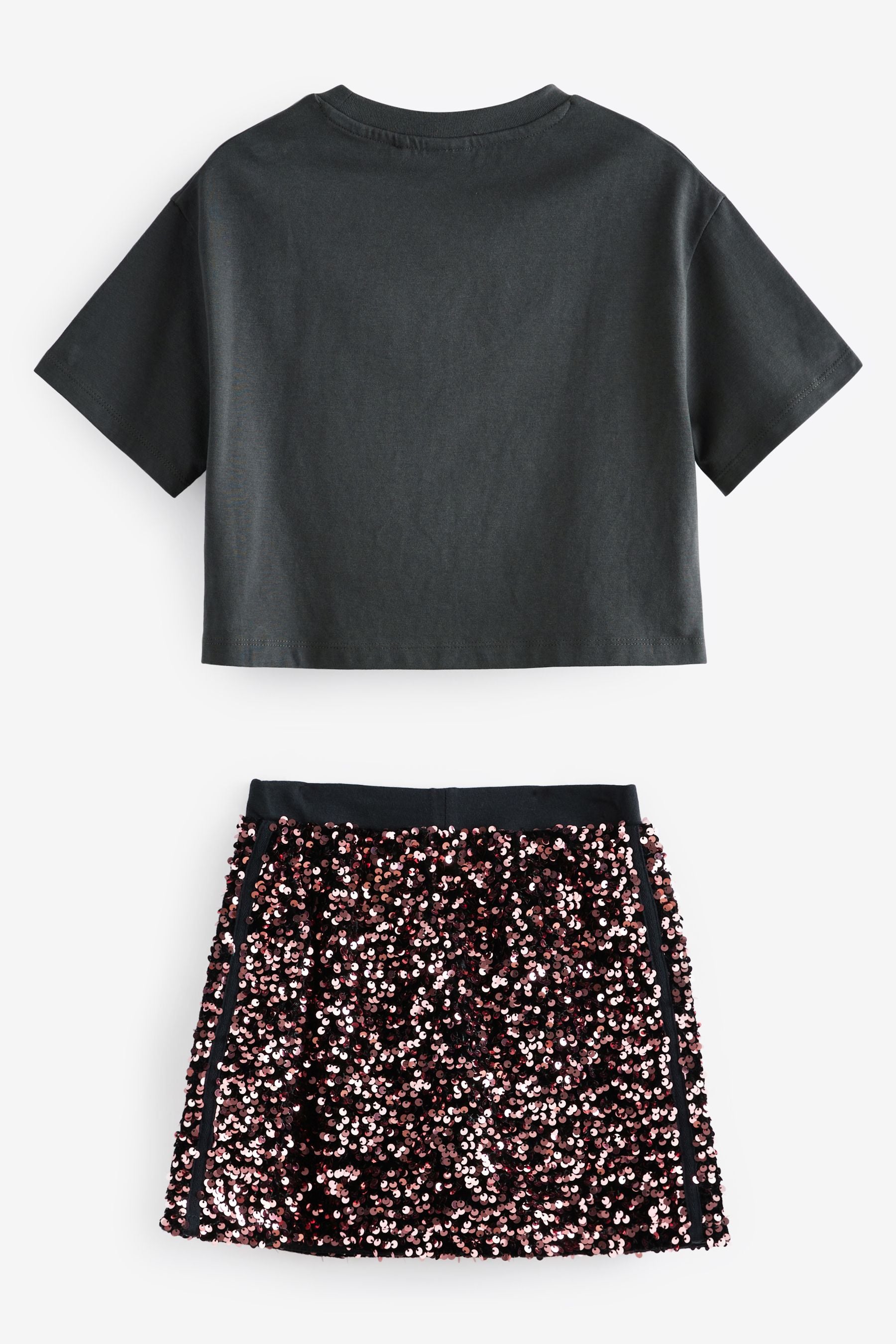 Charcoal Grey Embellished T-Shirt And Sequin Skirt Set (3-16yrs)