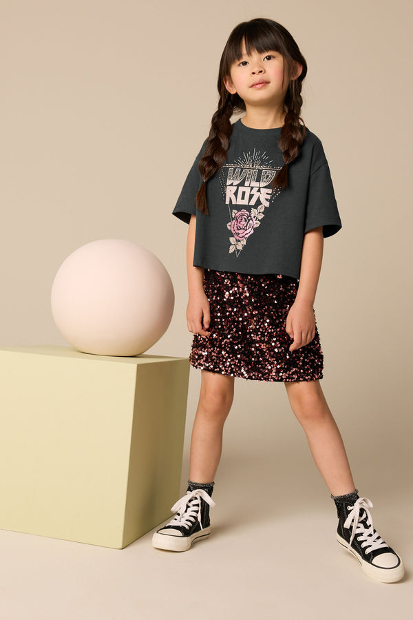 Charcoal Grey Embellished T-Shirt And Sequin Skirt Set (3-16yrs)