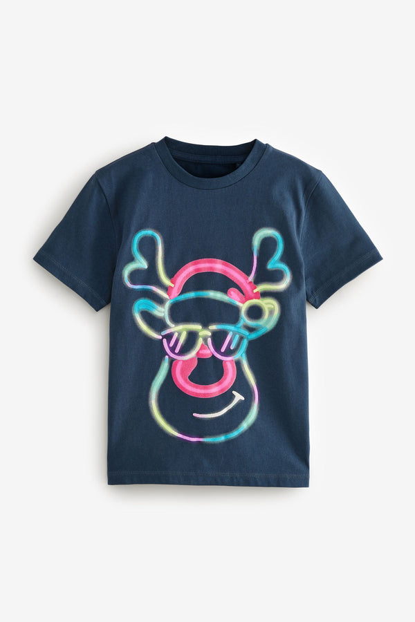 Navy Blue Neon Rudloph Short Sleeve Christmas 100% Cotton T-Shirt (3-16yrs)