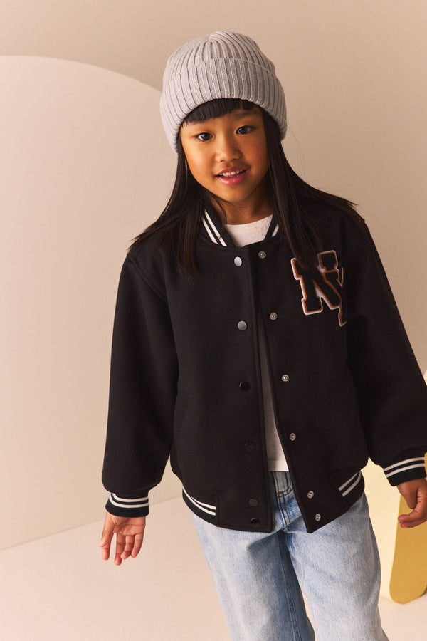 Black Varsity Bomber Jacket with Wool (3-16yrs)