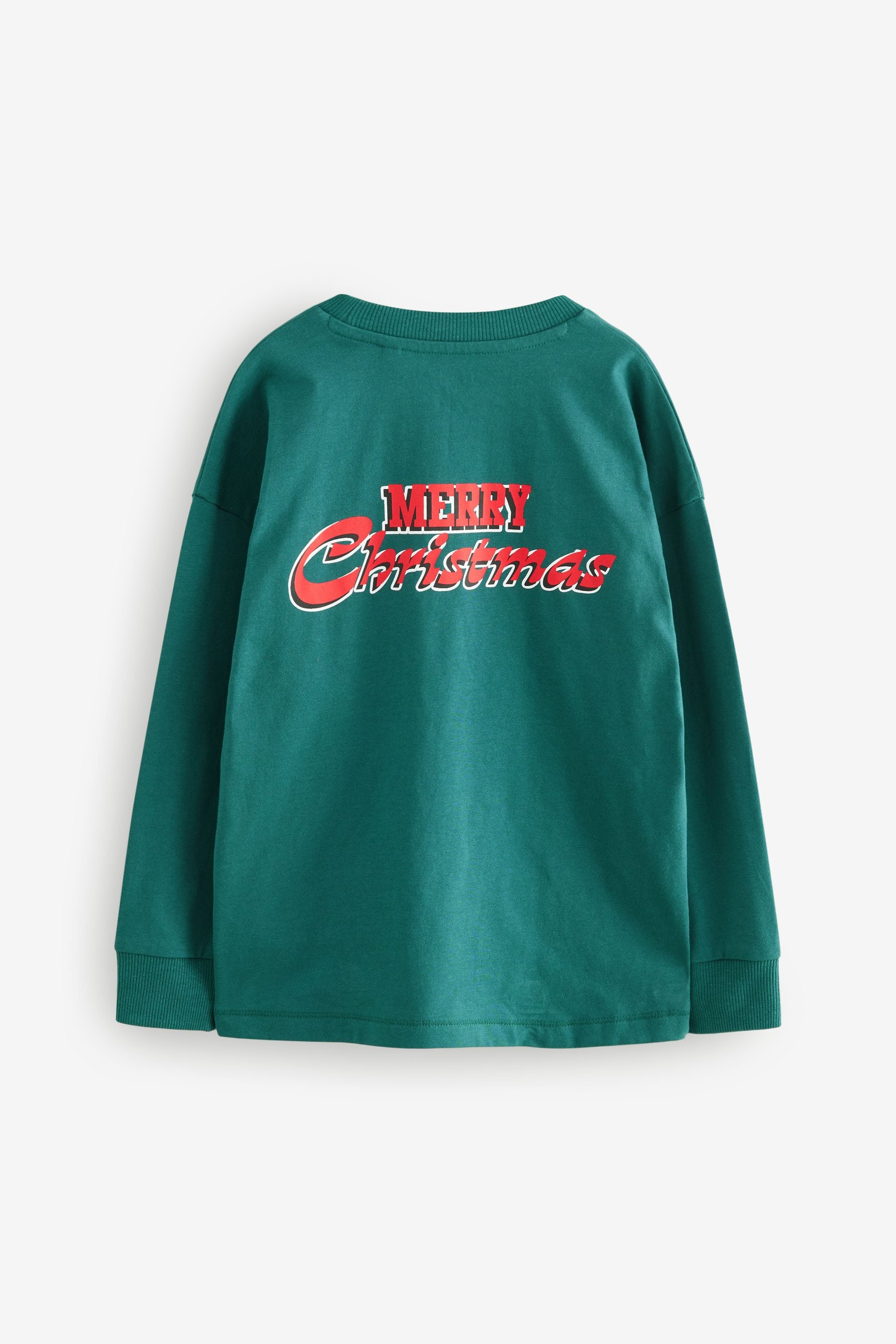 Green Back Print 100% Cotton Long Sleeve Christmas T-Shirt (3-16yrs)