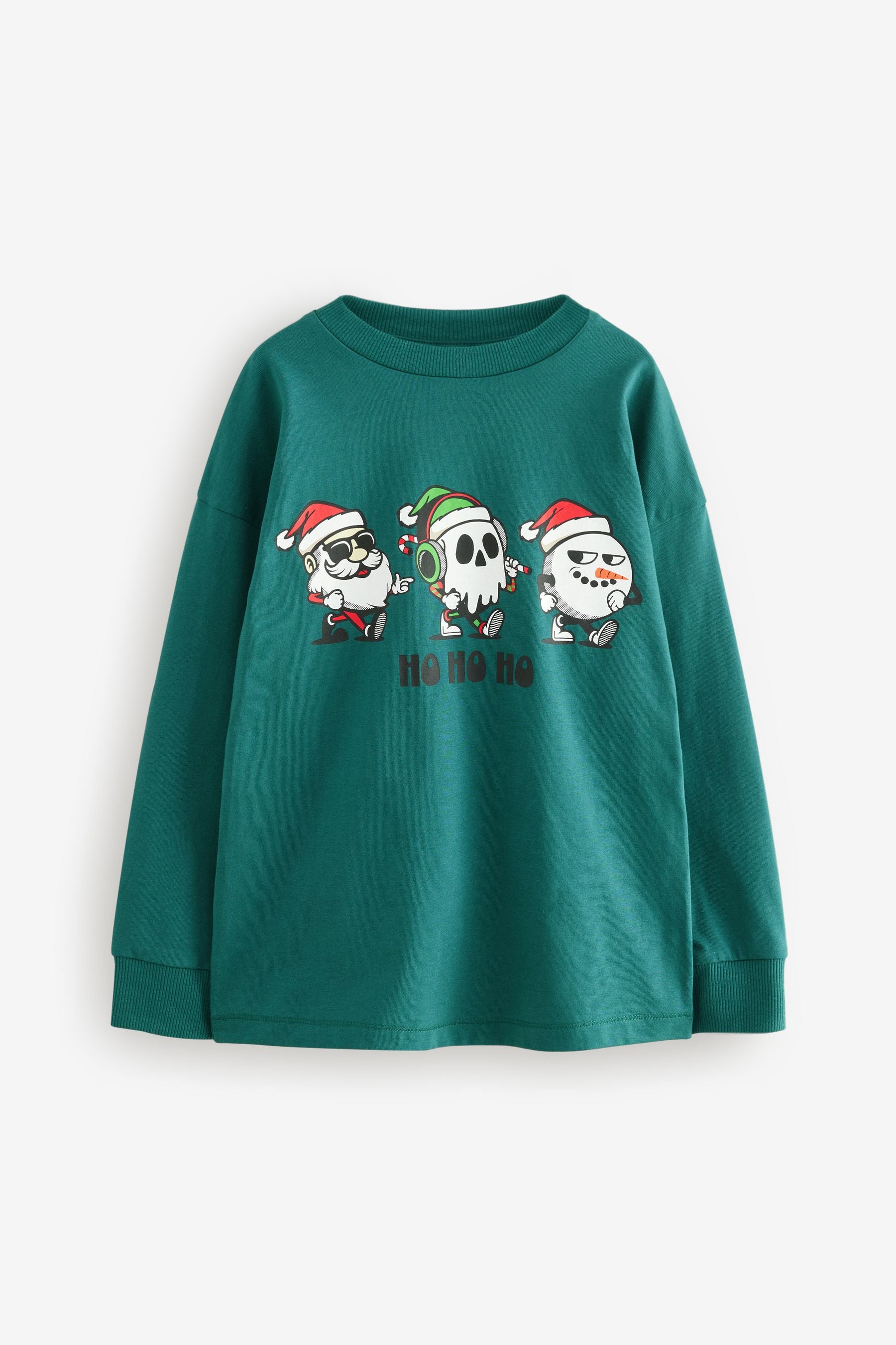 Green Back Print 100% Cotton Long Sleeve Christmas T-Shirt (3-16yrs)