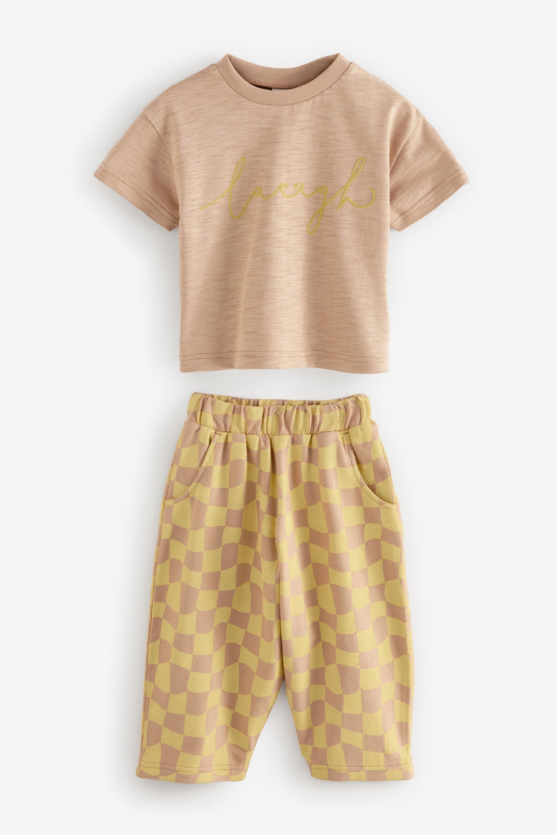 Yellow Checkerboard Short Sleeve T-Shirt And Wide Leg Trousers (3mths-7yrs)