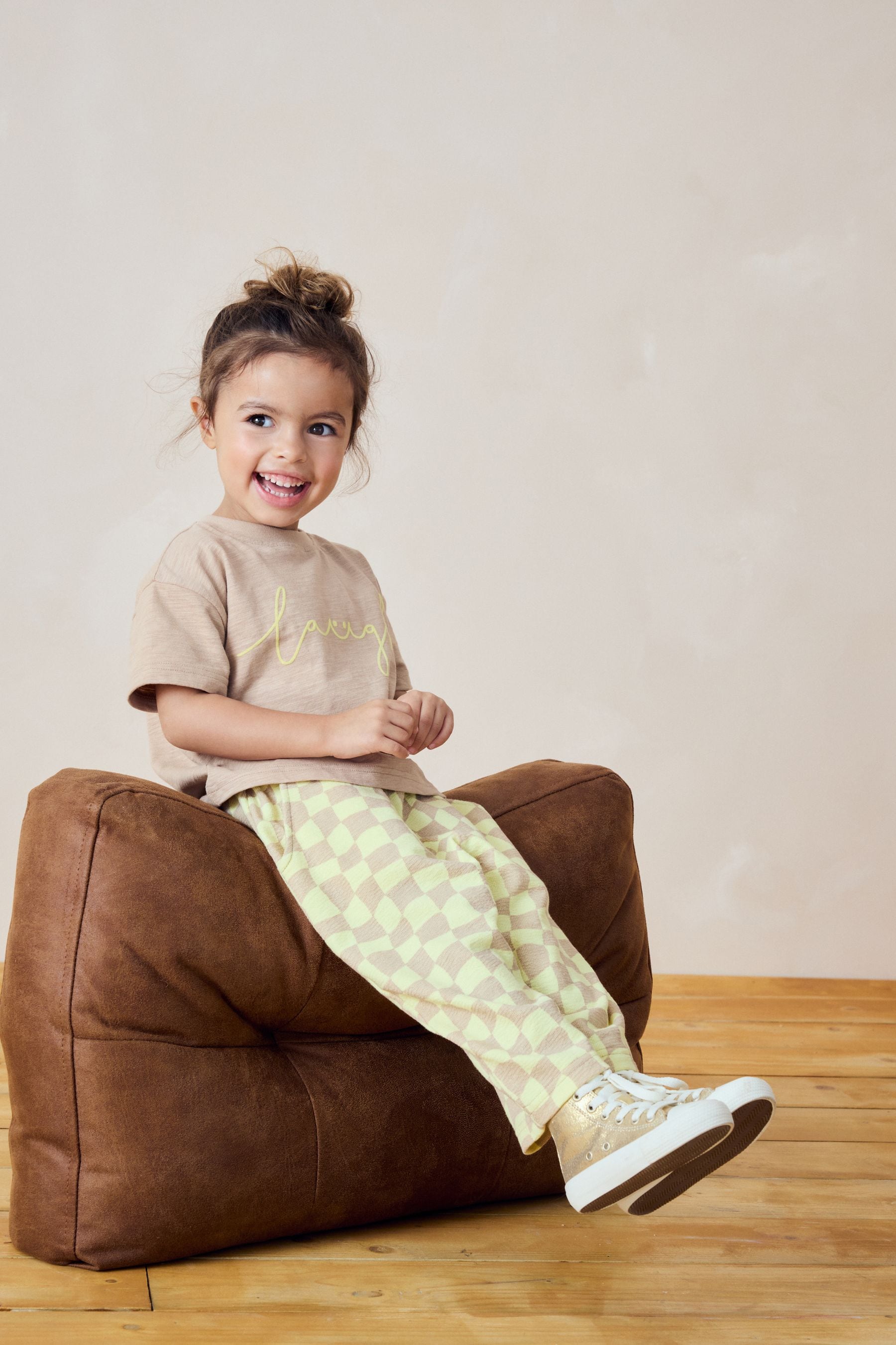 Yellow Checkerboard Short Sleeve T-Shirt And Wide Leg 100% Cotton Trousers (3mths-7yrs)