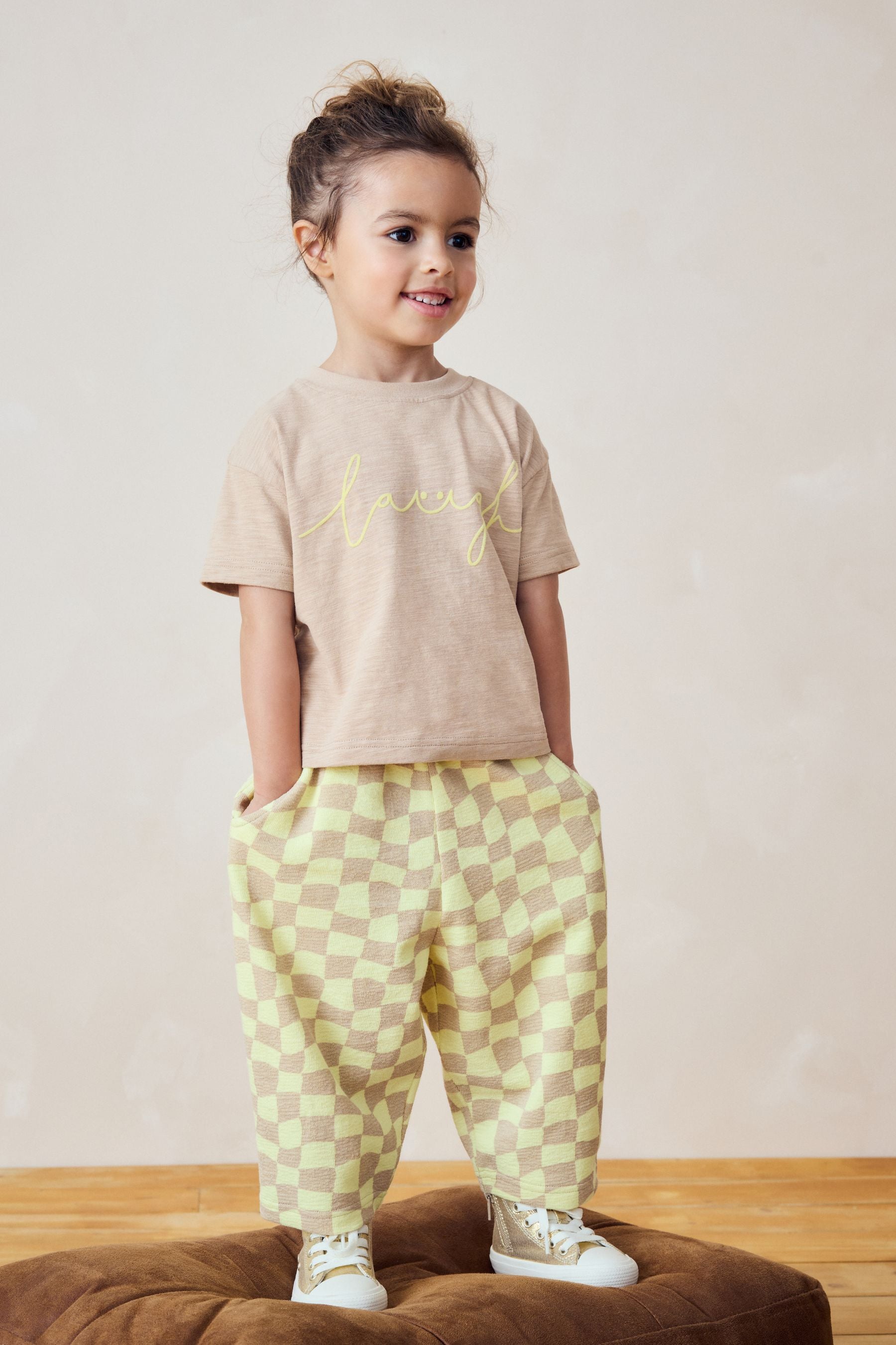 Yellow Checkerboard Short Sleeve T-Shirt And Wide Leg 100% Cotton Trousers (3mths-7yrs)