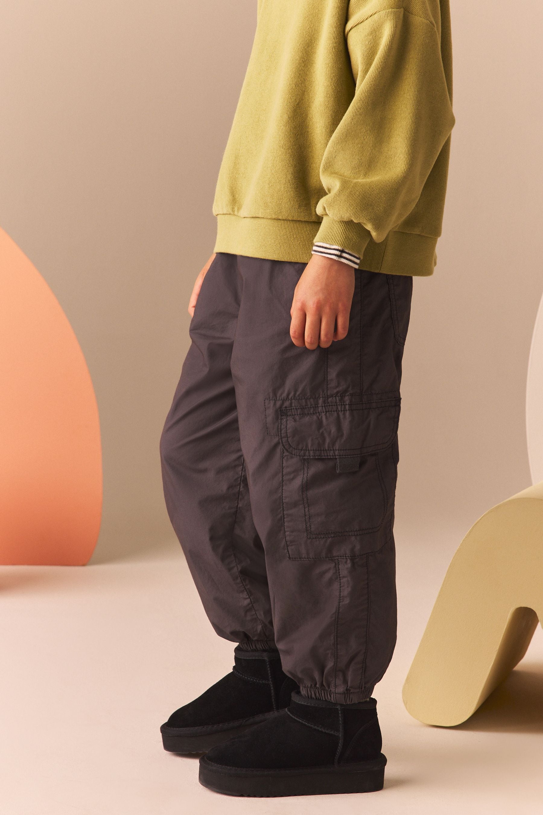 Charcoal Grey Lined 100% Cotton Parachute Cargo Trousers (3-16yrs)