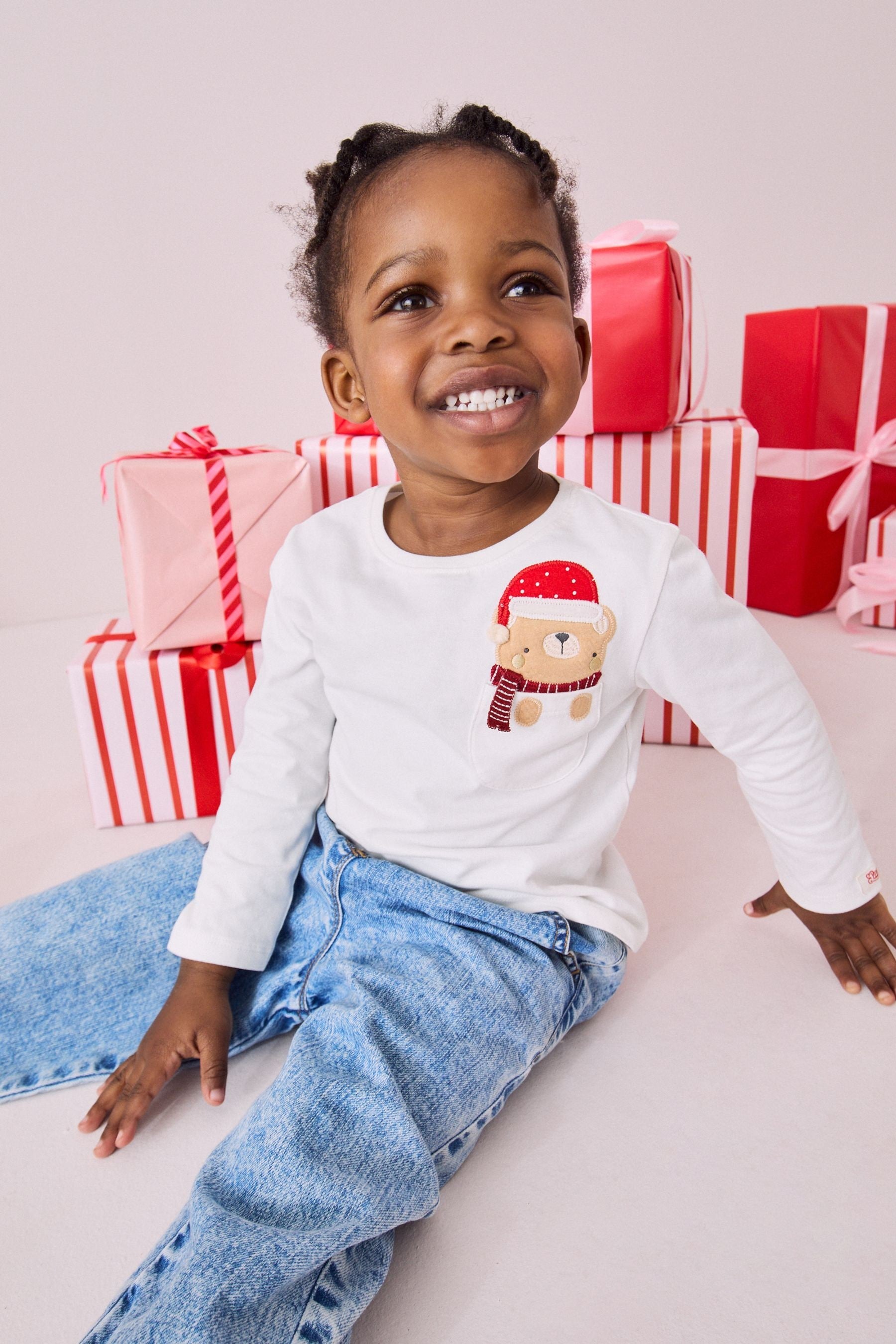 Ecru Christmas Bear 100% Cotton Long Sleeve T-Shirt (3mths-7yrs)