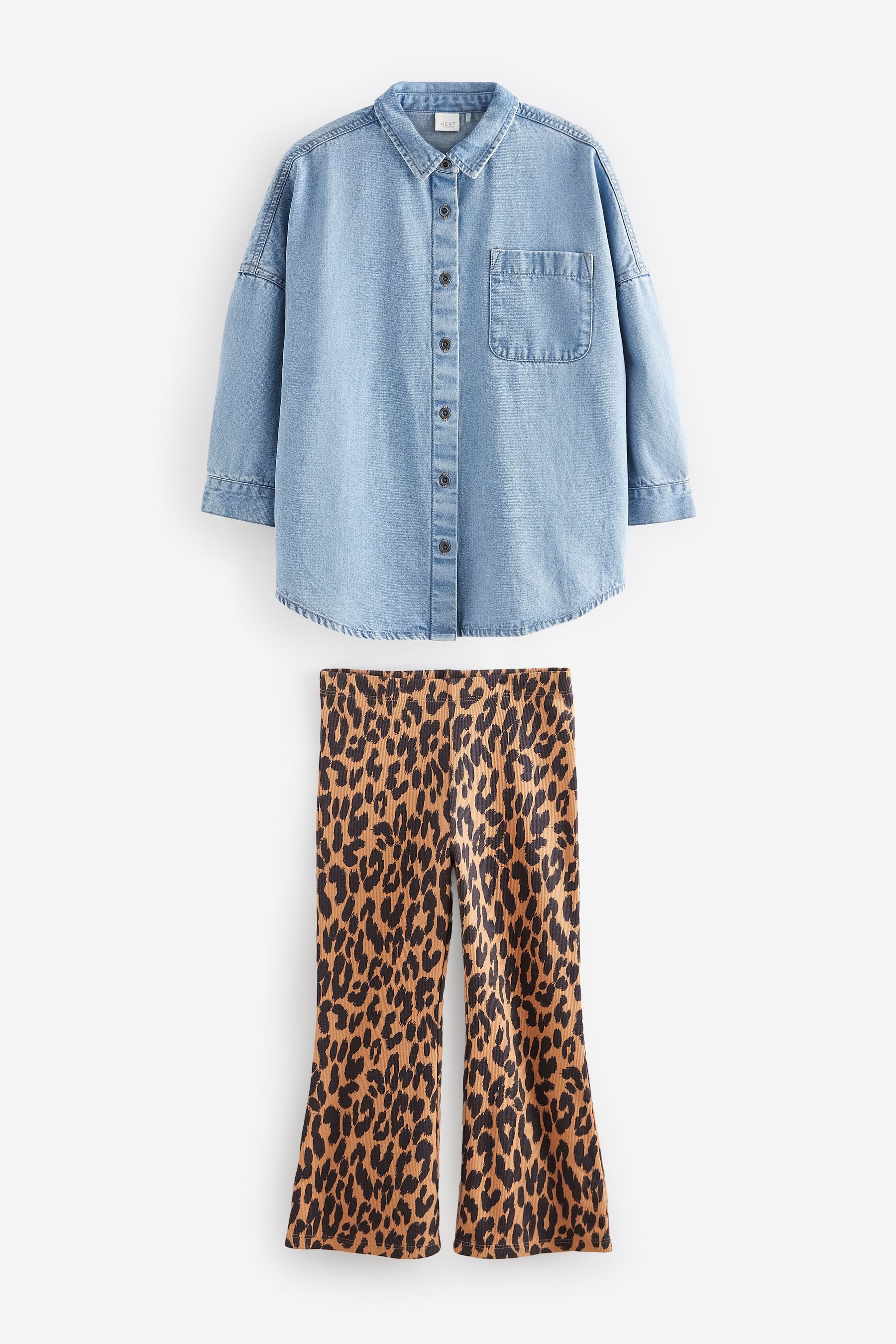 Animal Flare Leggings And Denim Shirt Set (3-16yrs)