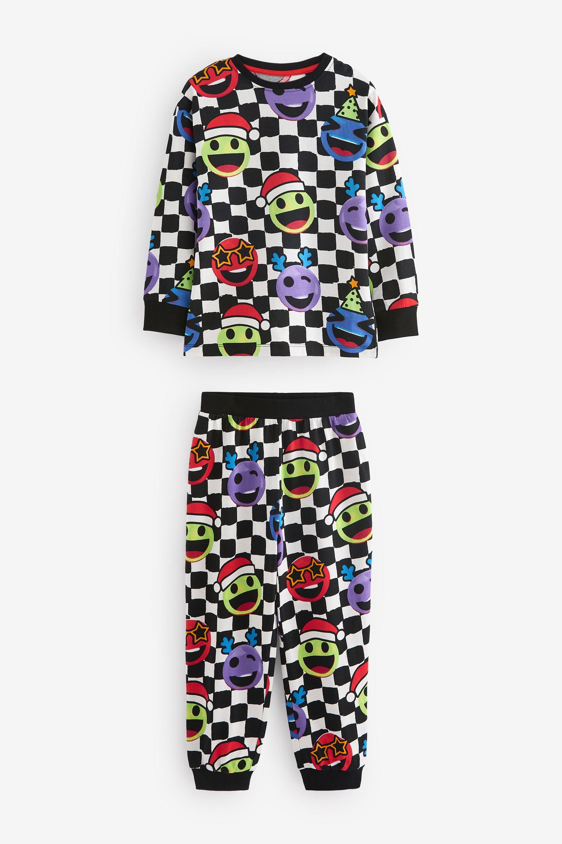 Multi Christmas Checkerboard Faces Single Long Sleeve 100% Cotton Pyjamas (3-16yrs)