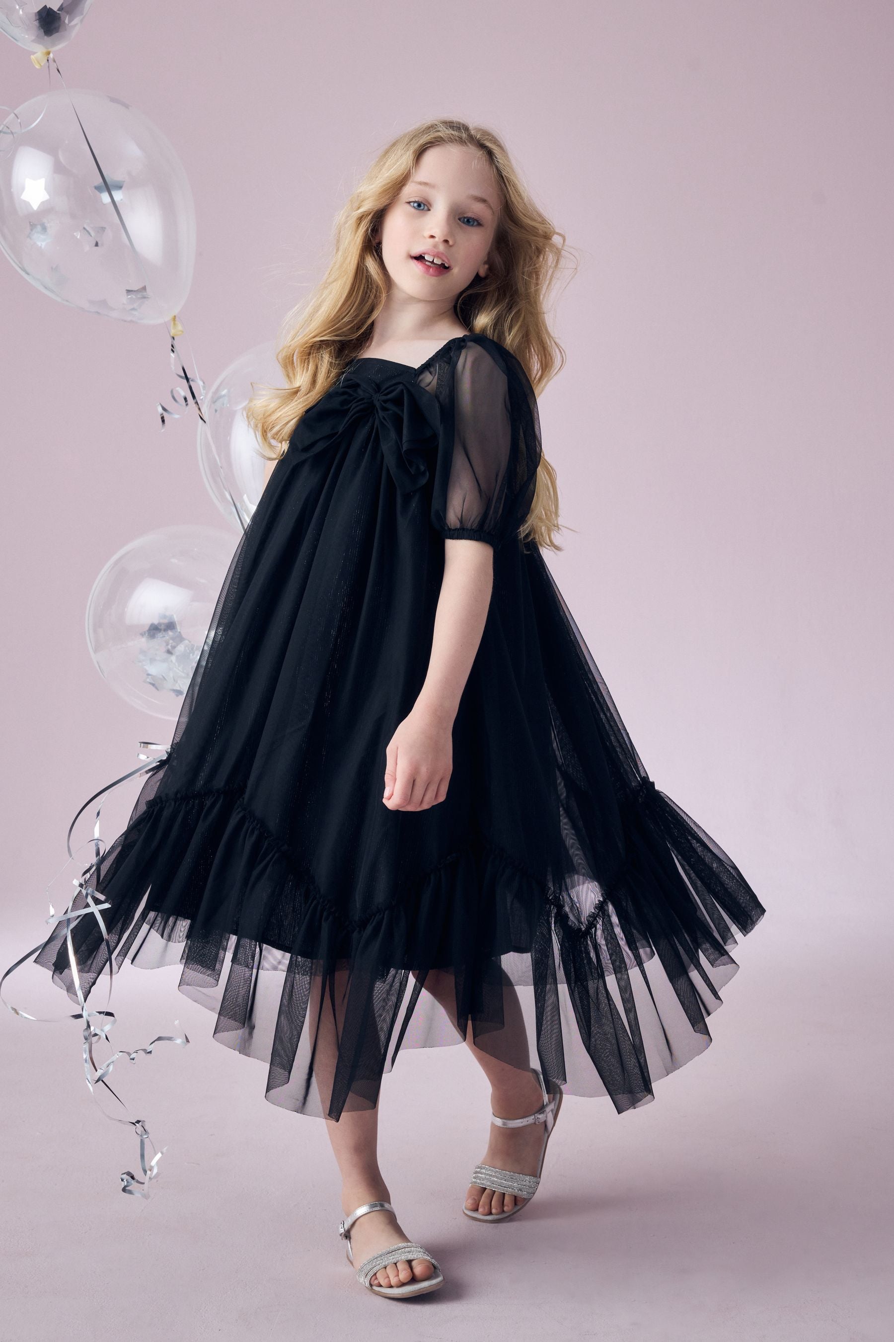 Black Bow Detail Sparkle Mesh Dress (3-16yrs)