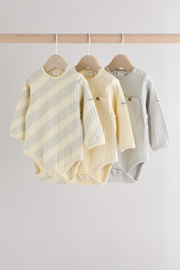 Grey/Cream Baby Long Sleeve 100% Cotton Bodysuits 3 Pack (0mths-2yrs)