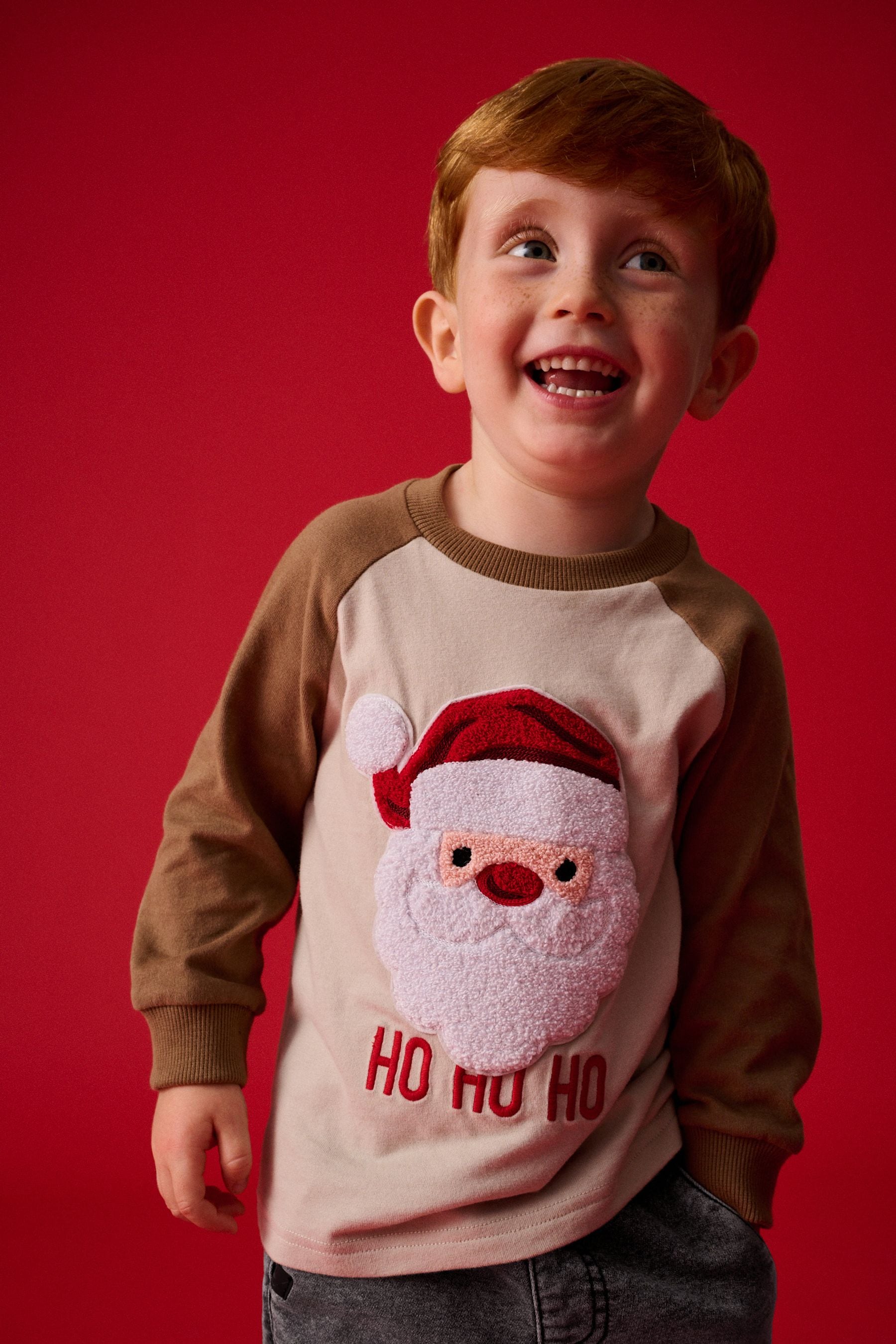 Brown/White Long Sleeve Christmas 100% Cotton T-Shirt (3mths-7yrs)