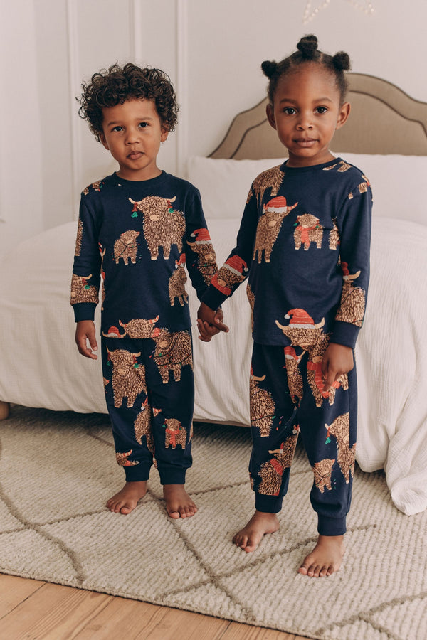 Navy Blue Matching Family Kids Christmas Hamish The Highland Cow 100% Cotton Pyjamas (12mths-8yrs)