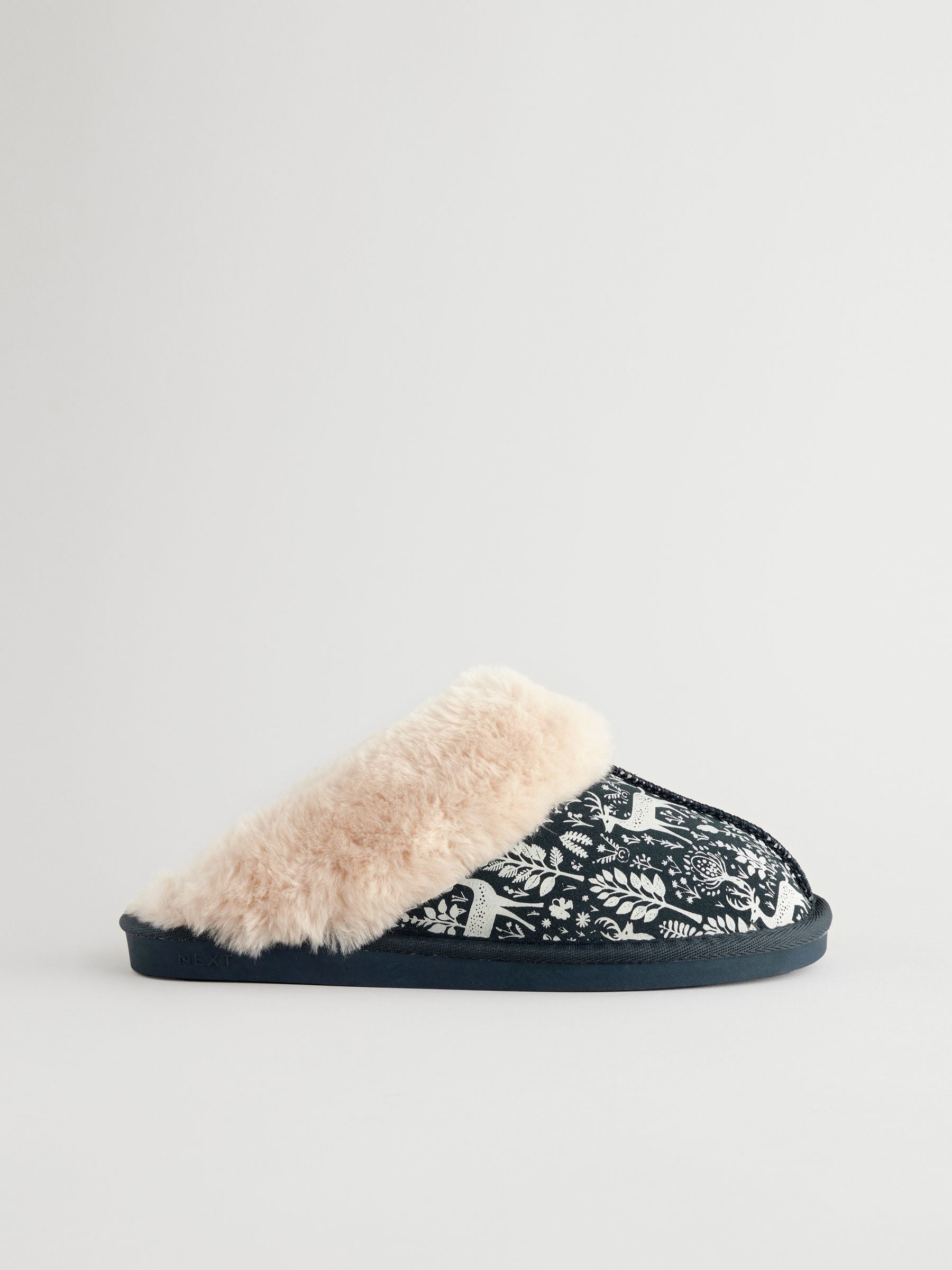 Navy Woodland Tiger Print Suede Faux Fur Lined Mule Slippers