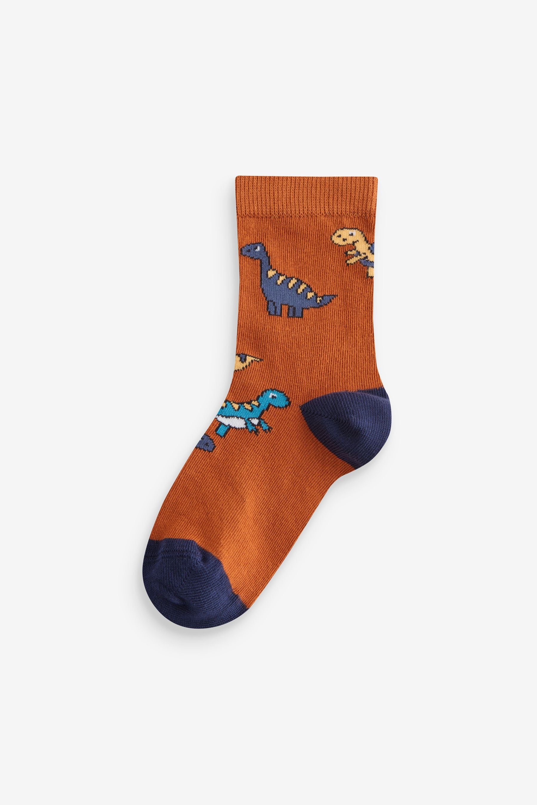 Brown/Green/Navy Blue Dinosaurs Print Cotton Rich Socks 5 Pack