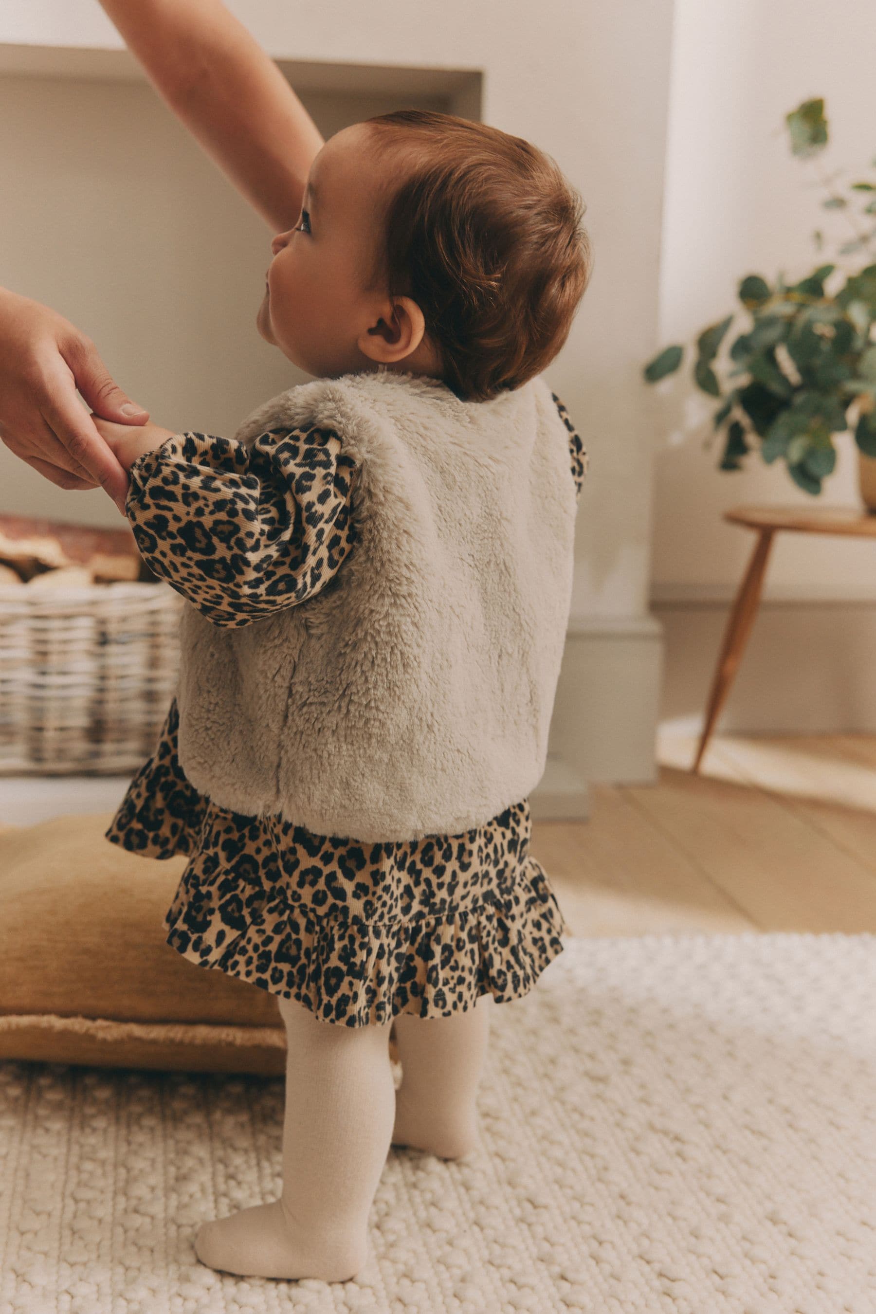 Leopard Print Faux Fur Gilet, Dress & Tights Set (0mths-2yrs)