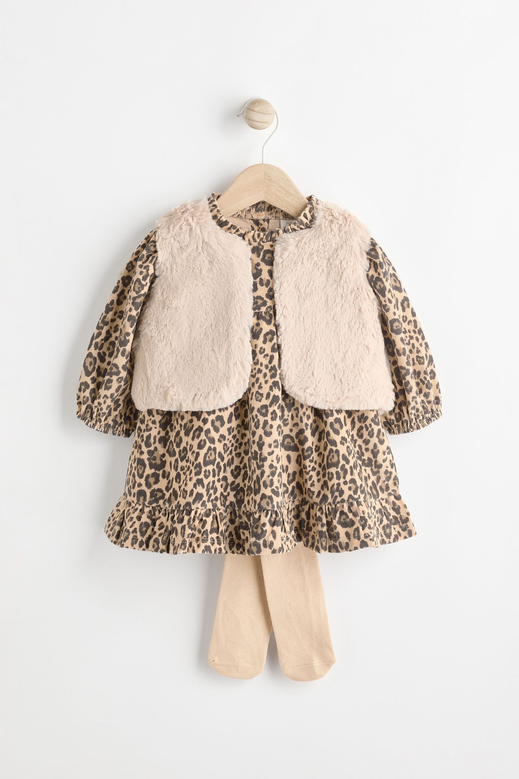 Leopard Print Faux Fur Gilet, Dress & Tights Set (0mths-2yrs)