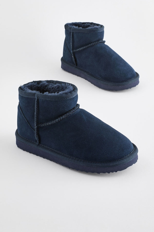 Navy Blue Suede Warm Lined Ankle Slipper Boots