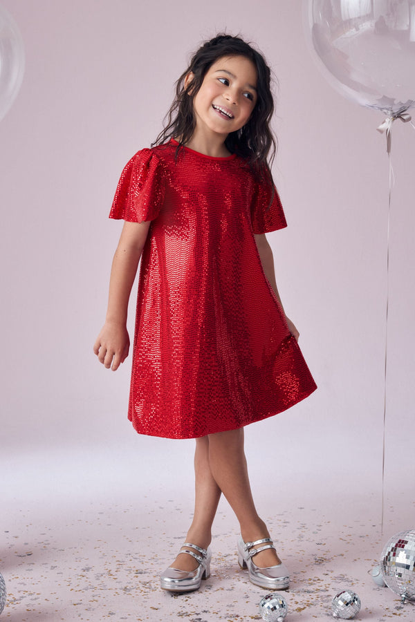 Red Sparkle Angel Sleeve Party Sequin Dress (3-16yrs)